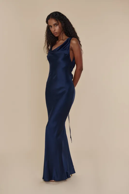 Plunging Back Cowl Dress in Navy sold by Mirror Palais
