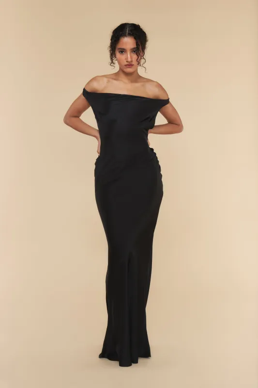 Plunging Back Cowl Dress in Noir sold by Mirror Palais