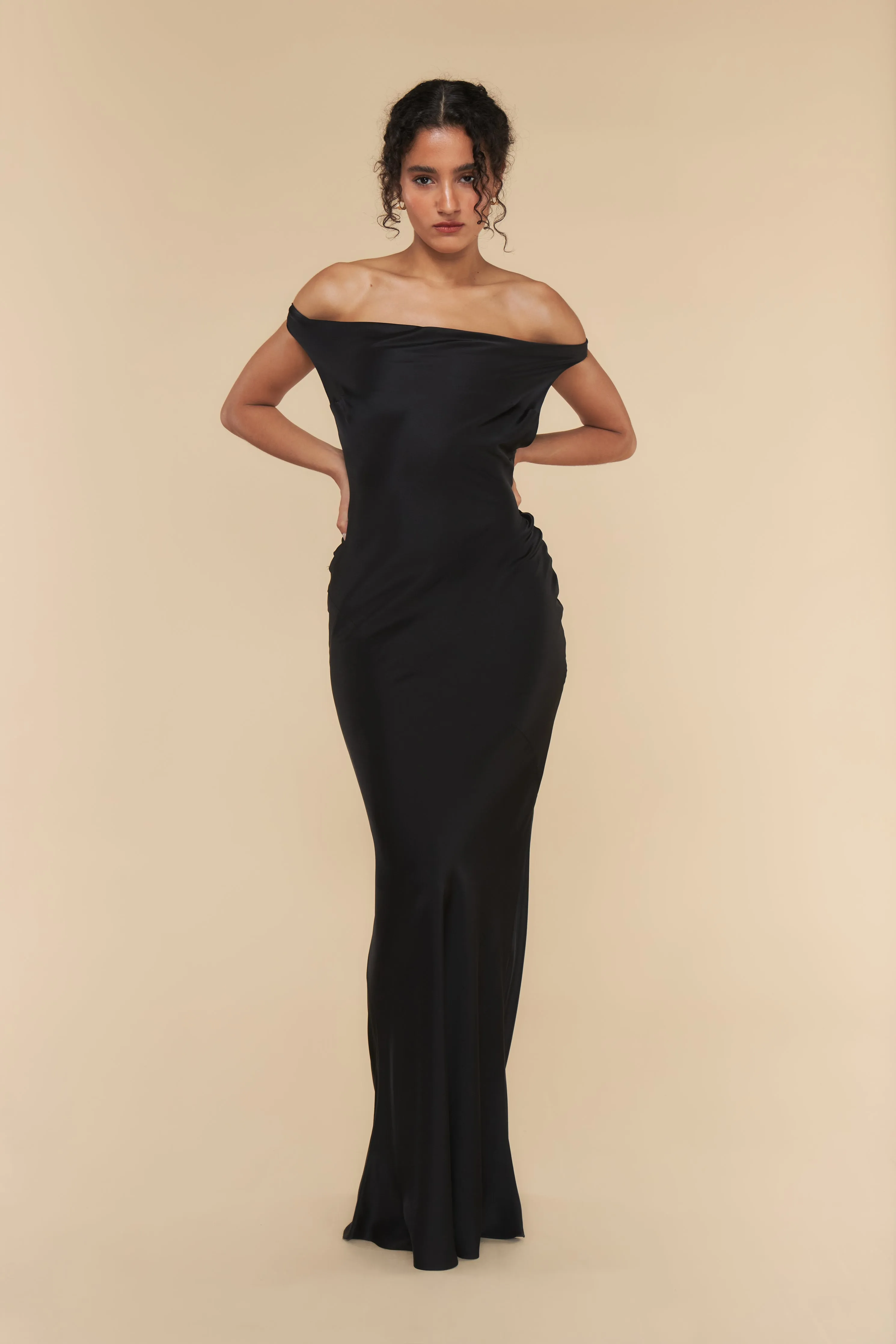 Plunging Back Cowl Dress in Noir sold by Mirror Palais