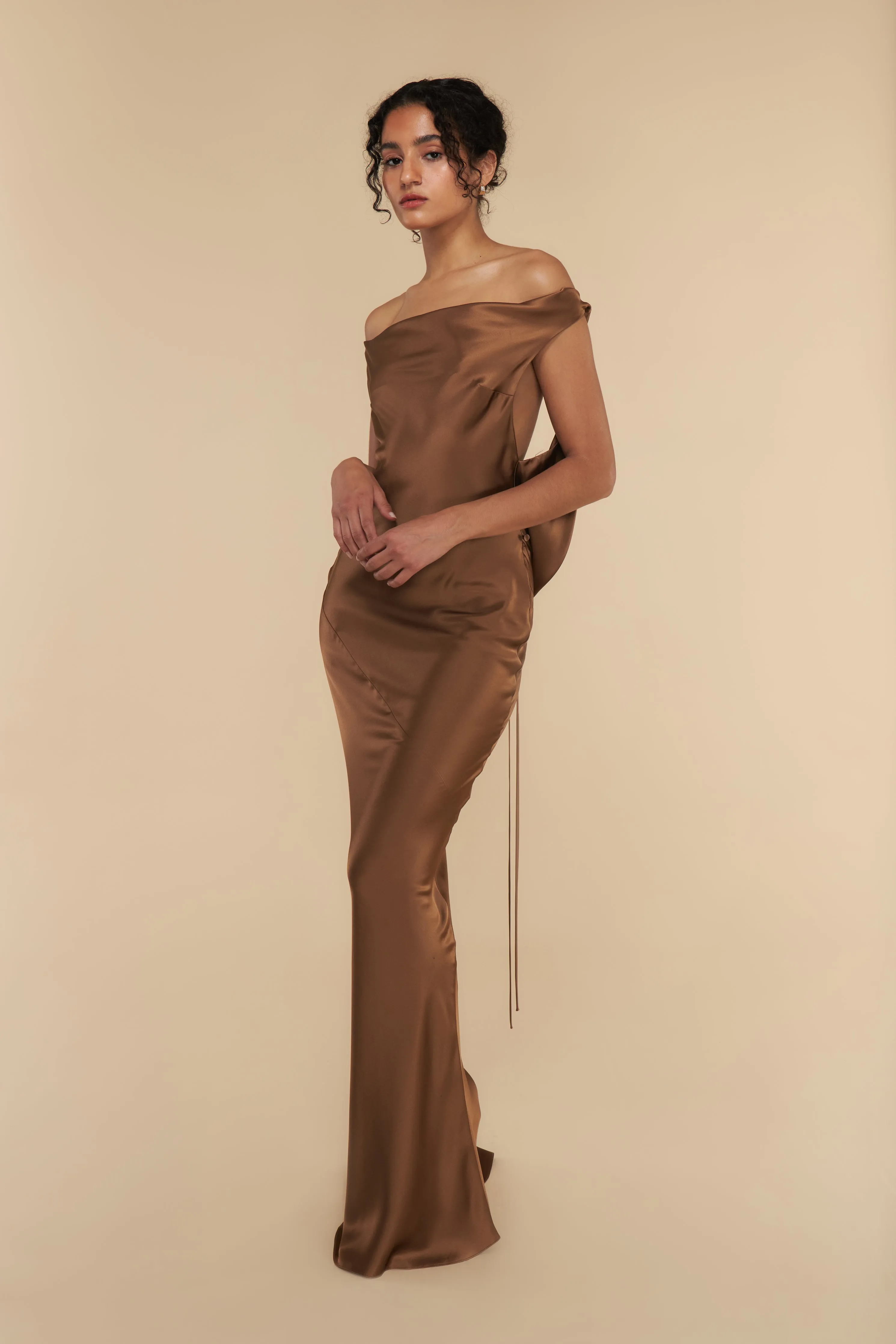 Plunging Back Cowl Dress in Toffee sold by Mirror Palais product image thumbnail 2