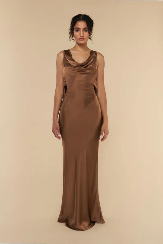 Plunging Back Cowl Dress in Toffee sold by Mirror Palais