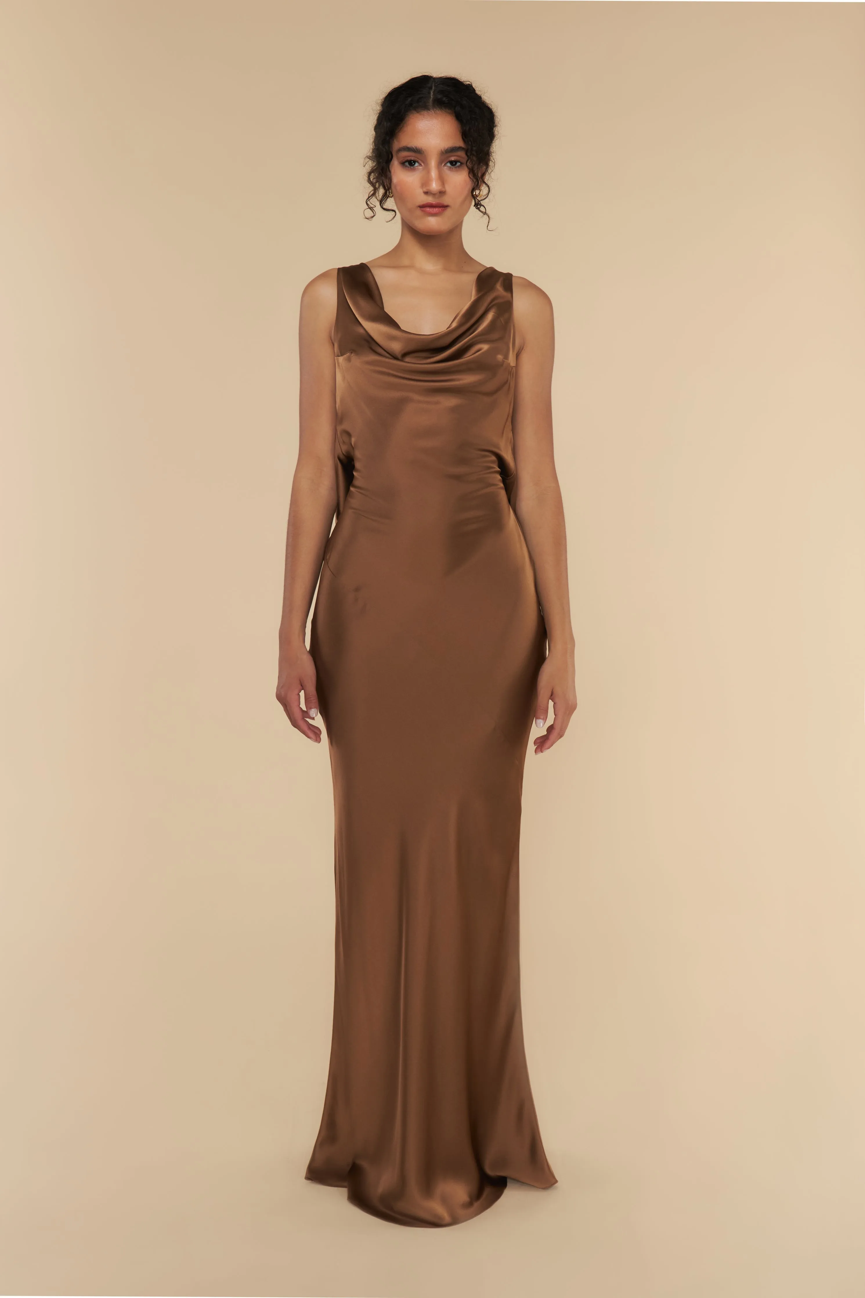 Plunging Back Cowl Dress in Toffee sold by Mirror Palais