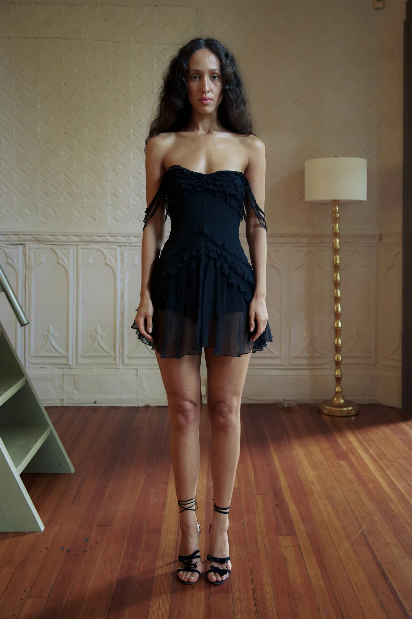 Cascading Mini Dress in Noir sold by Mirror Palais