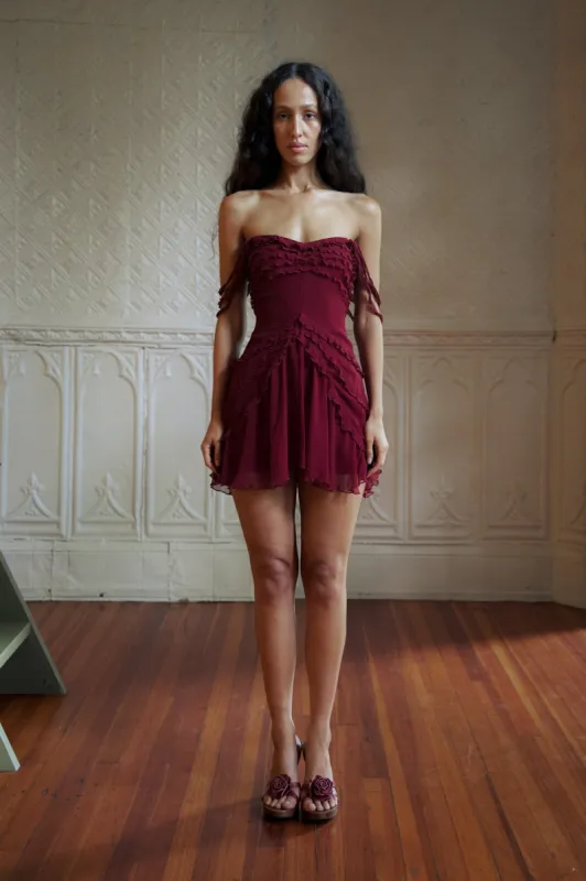 Cascading Mini Dress in Sangre sold by Mirror Palais