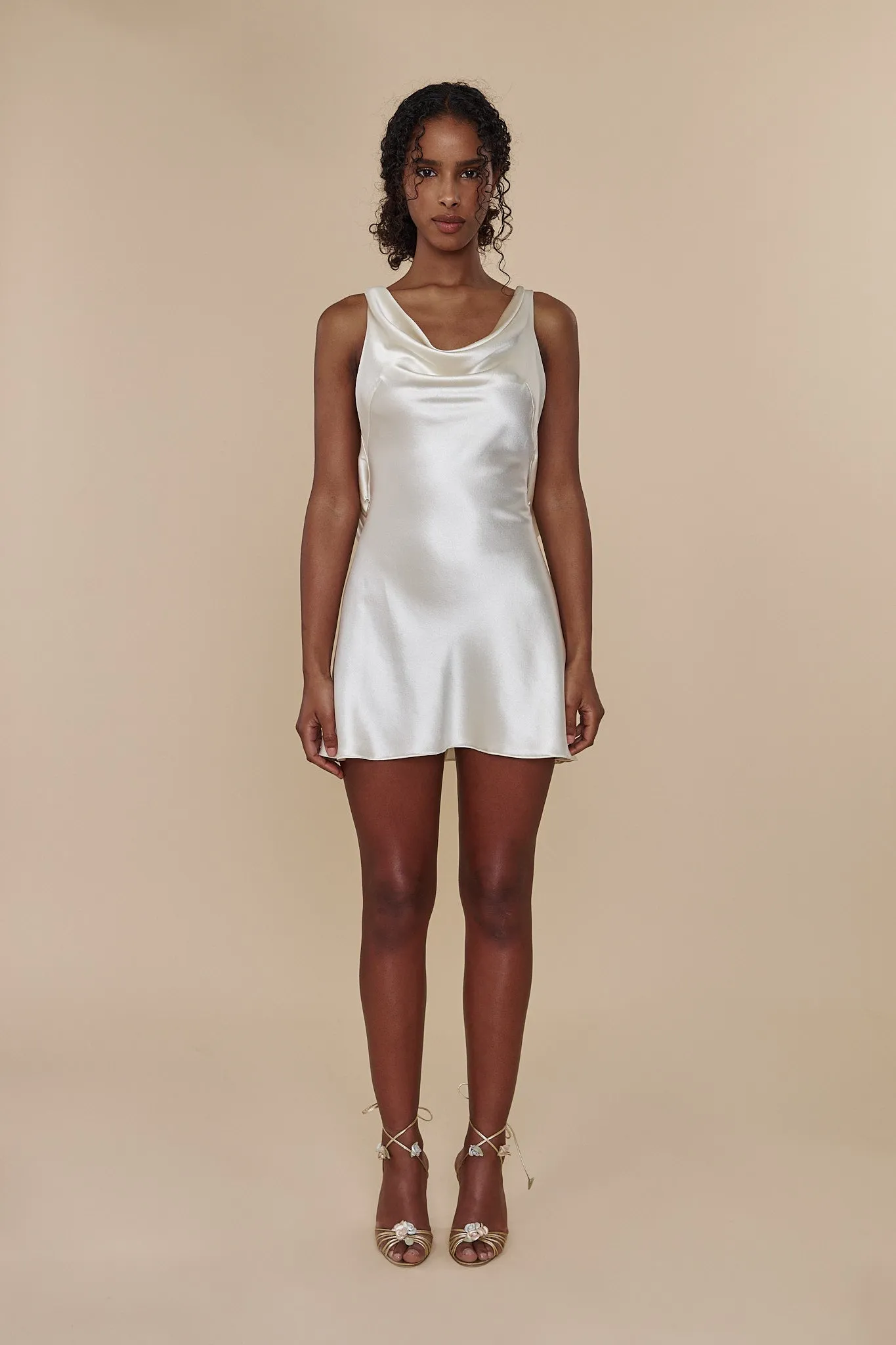 Plunging Back Cowl Mini Dress in Pearl sold by Mirror Palais