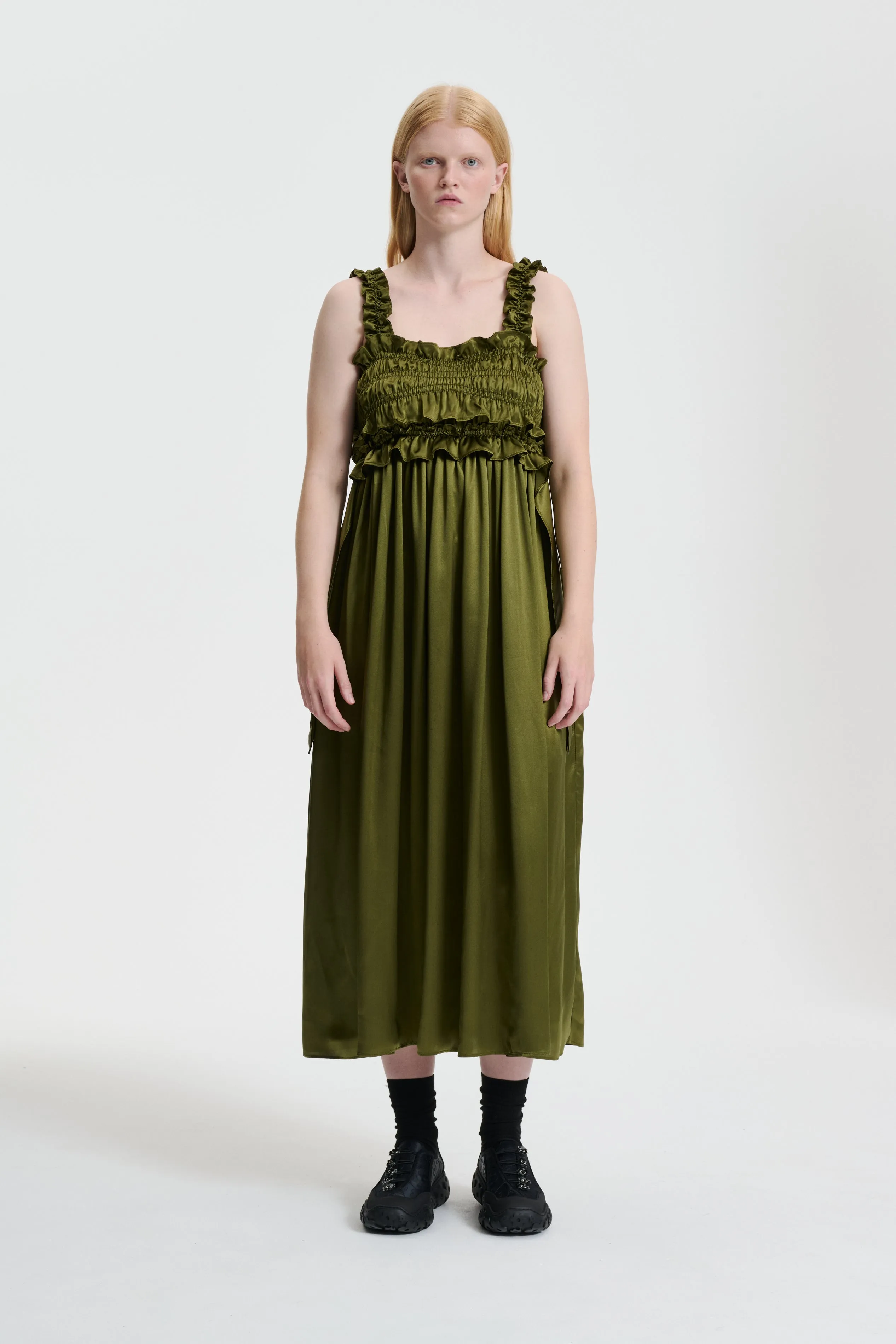 GIOVANNA | DRESS SILK SATIN OLIVE sold by Cecilie Bahnsen