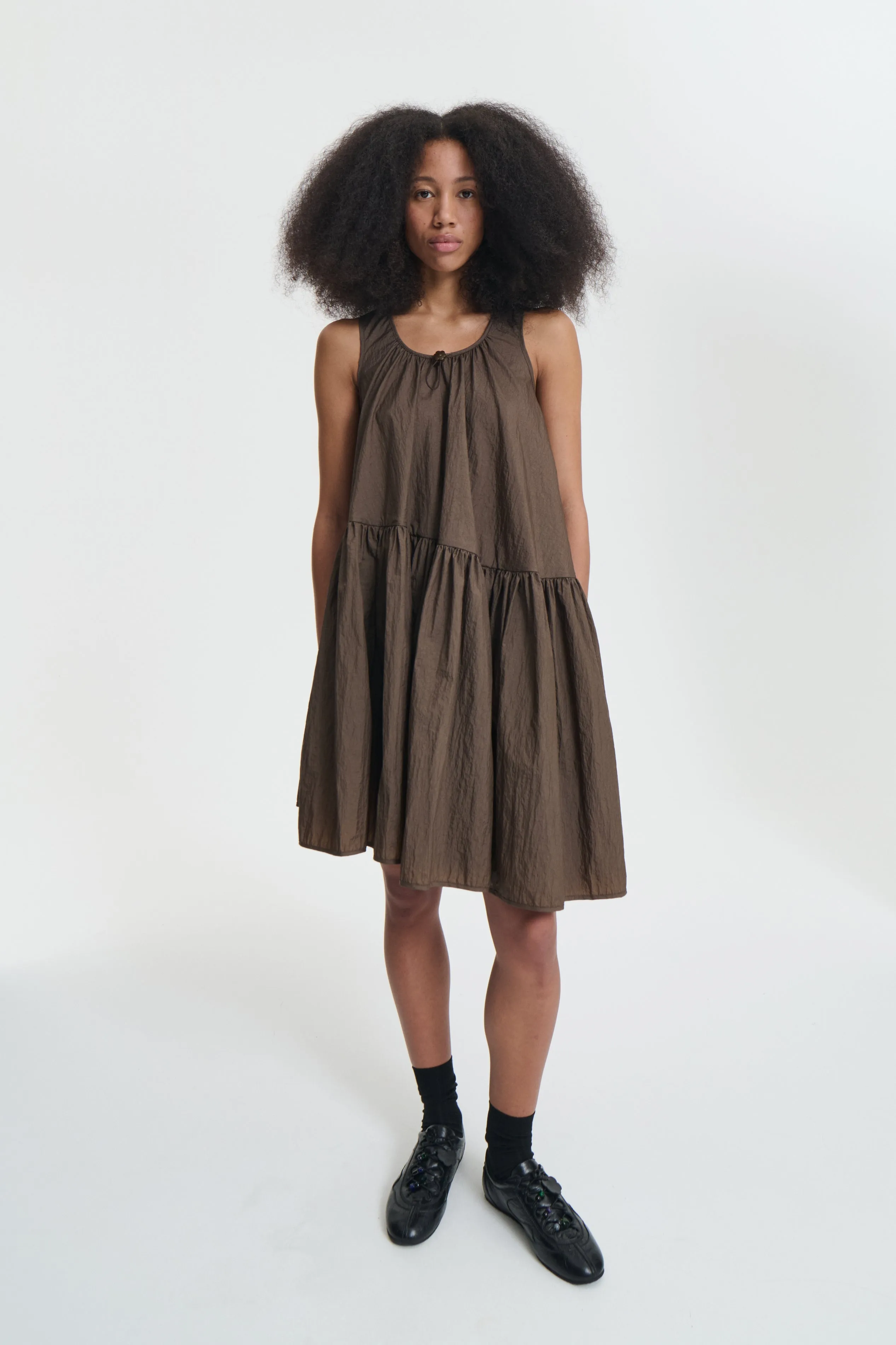 AZELIA | DRESS RECYCLED TAFFETA SOIL BROWN sold by Cecilie Bahnsen