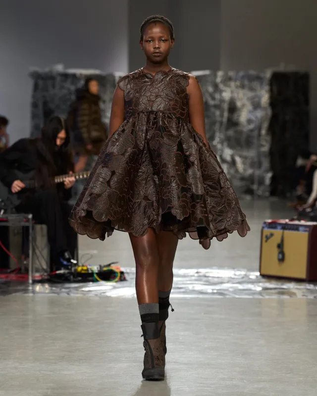 BELLATRIX | DRESS EMB. LIQUID MYRTIA BROWN made by Cecilie Bahnsen