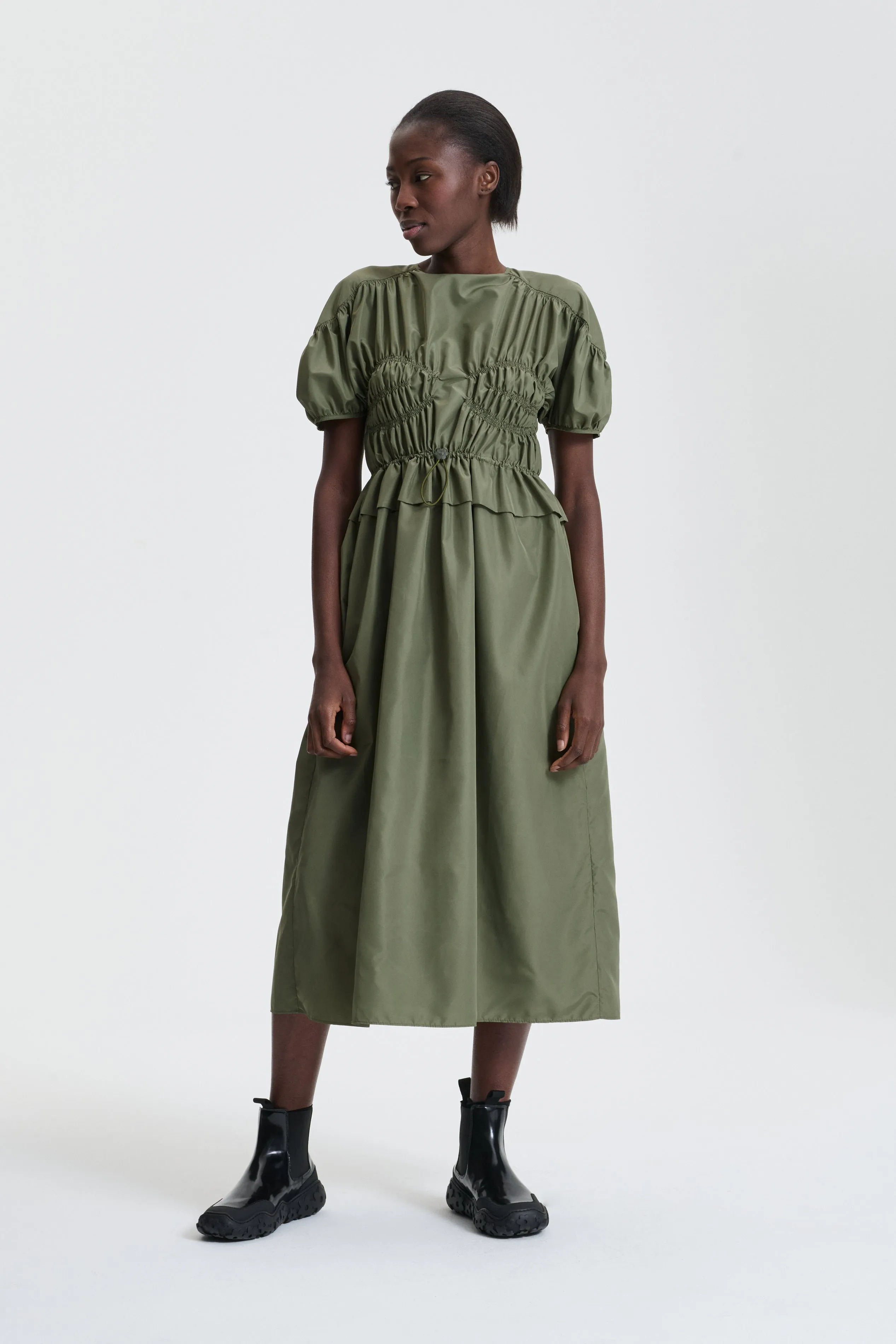 BETSY | DRESS RECYCLED FAILLE OLIVE sold by Cecilie Bahnsen