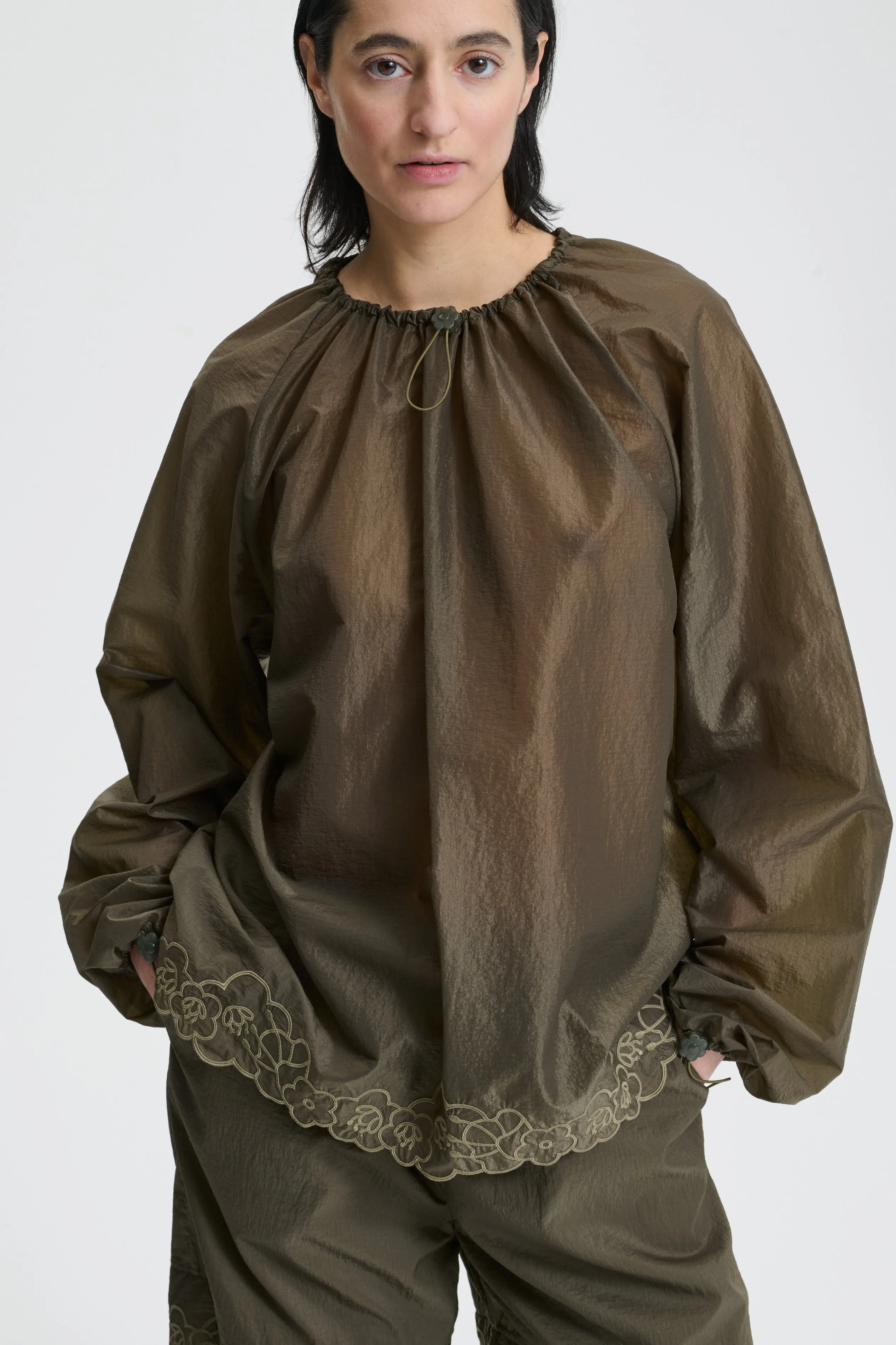 BRODY | TOP EMBROIDERED RIPSTOP OLIVE sold by Cecilie Bahnsen