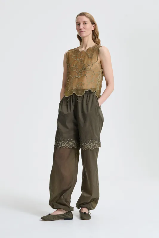 BLAKE | TOP EMBROIDERED MYRTIA OLIVE sold by Cecilie Bahnsen