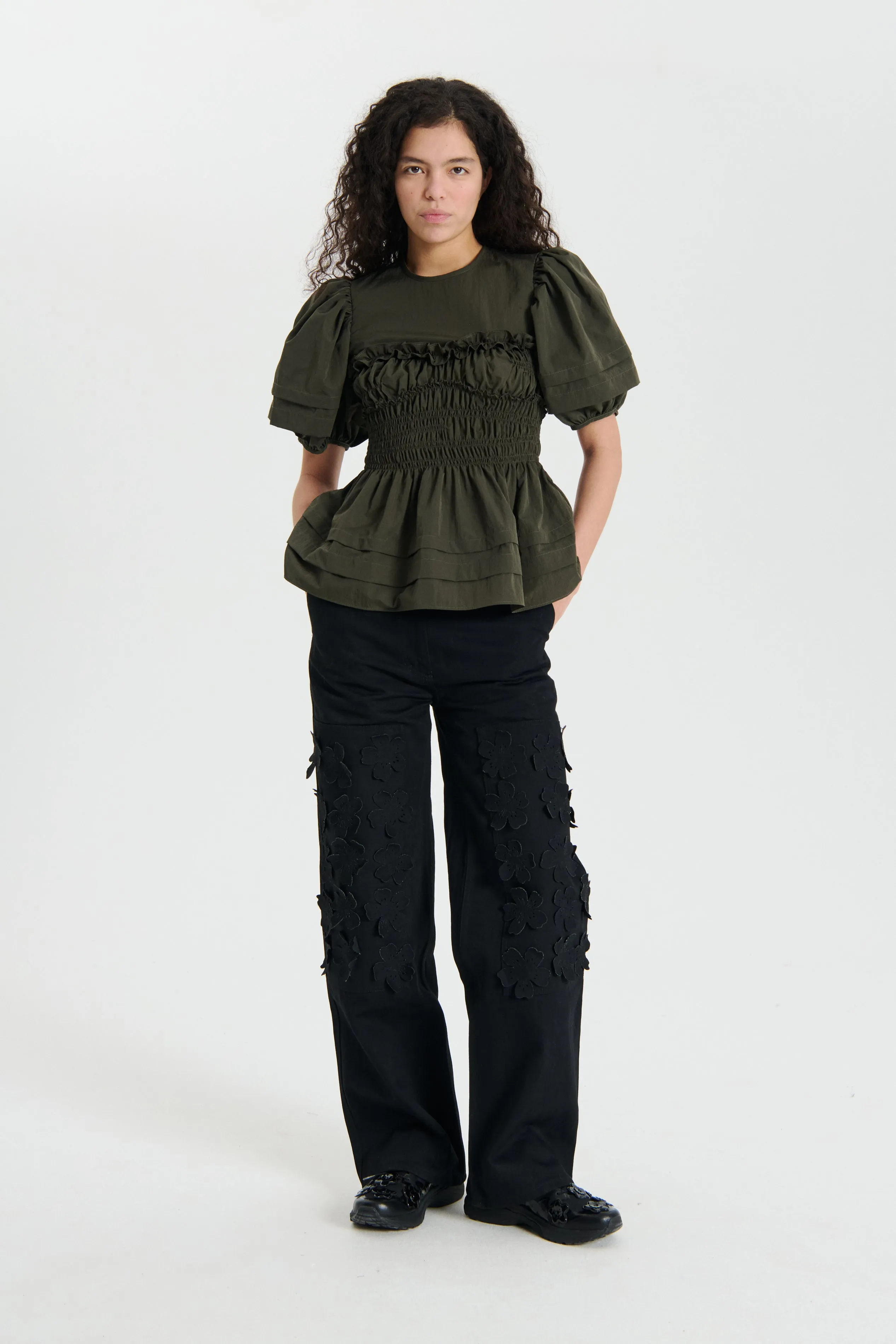 ONESSA | TOP RECYCLED TAFFETA GREY OLIVE sold by Cecilie Bahnsen