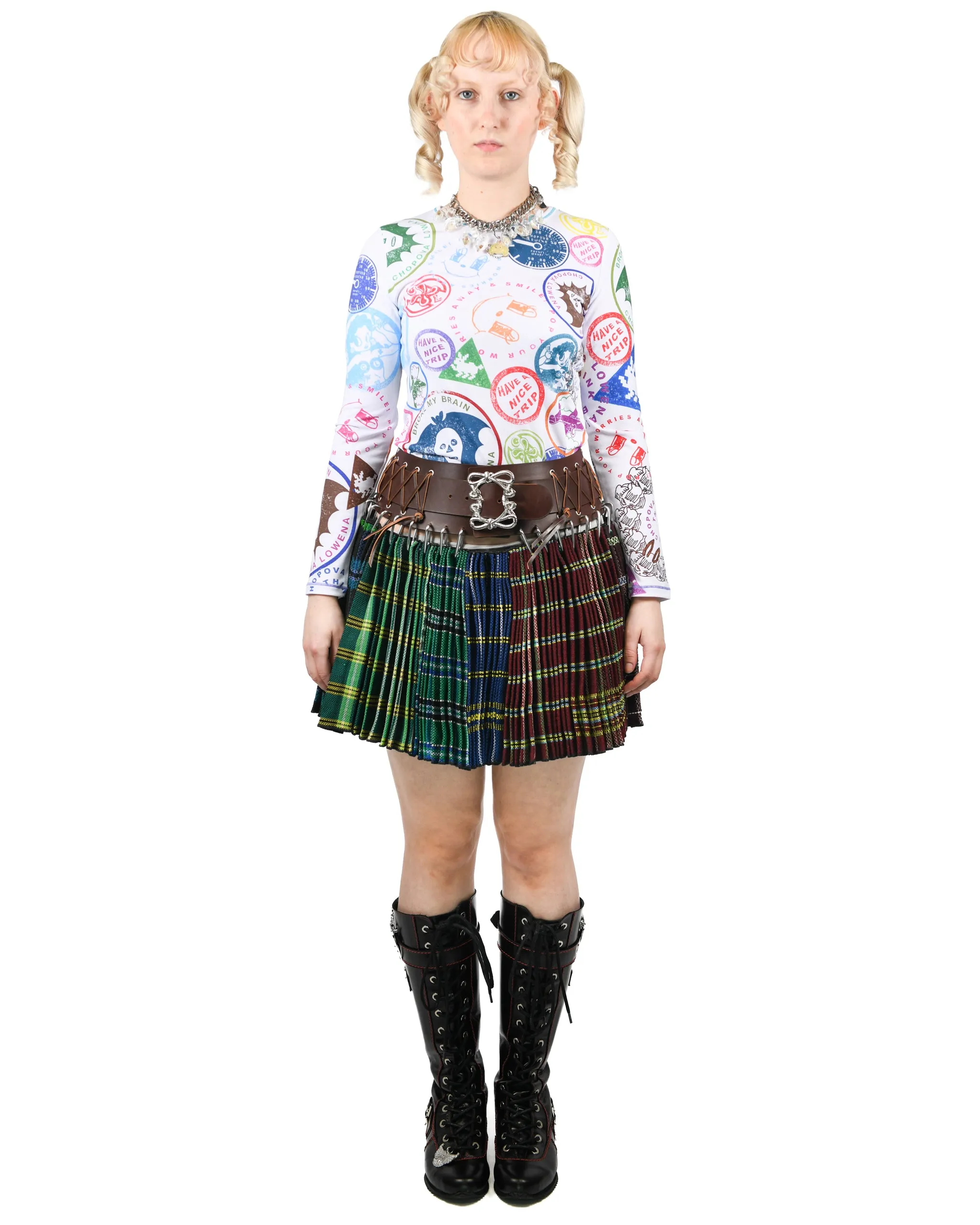 Exclusive Brown Belt Green Folkloric Mini Carabiner Skirt sold by Chopova Lowena