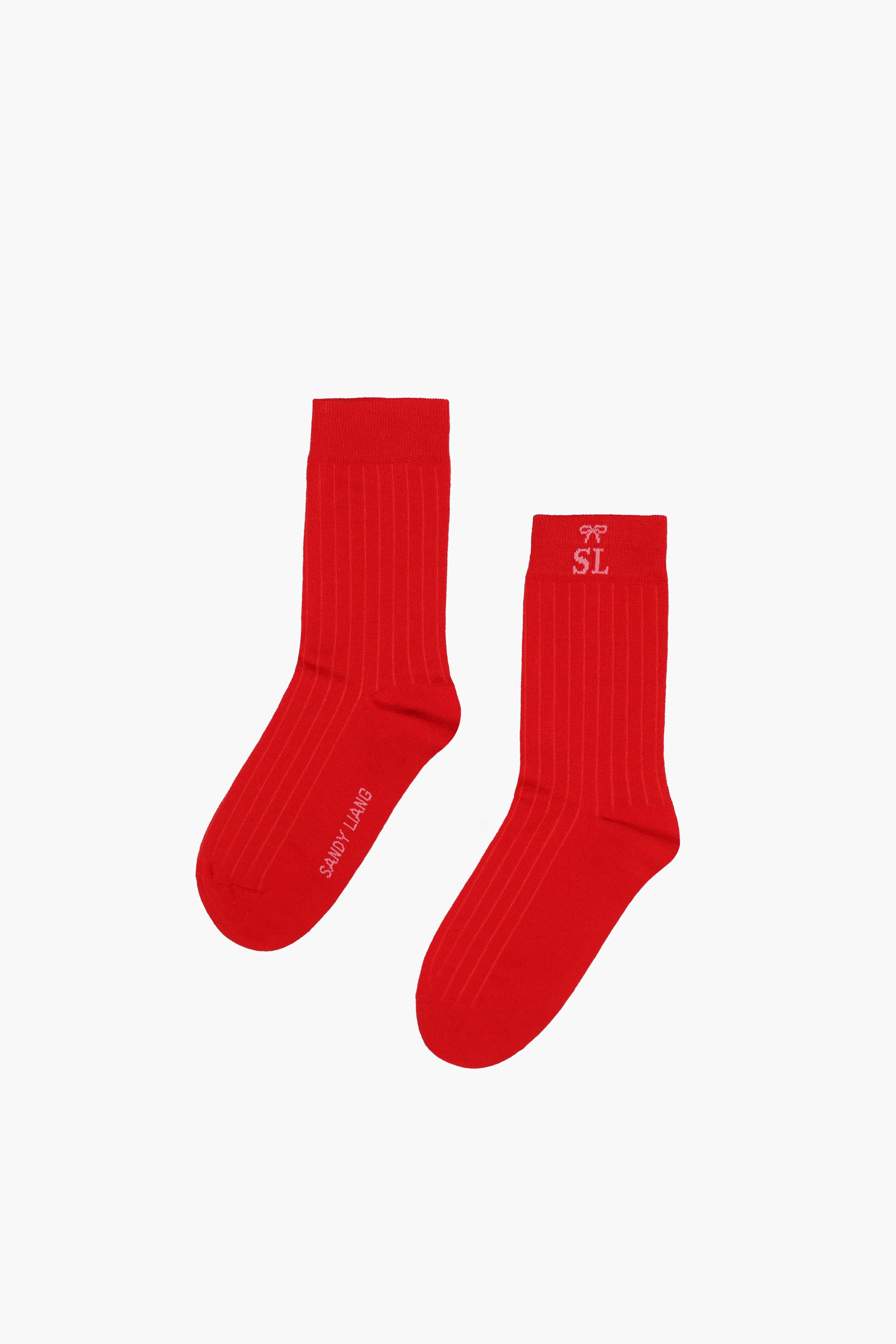 RIBBED MONOGRAM SOCK IN RED sold by Sandy Liang