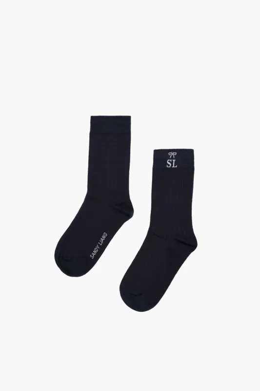 RIBBED MONOGRAM SOCK IN NAVY made by Sandy Liang