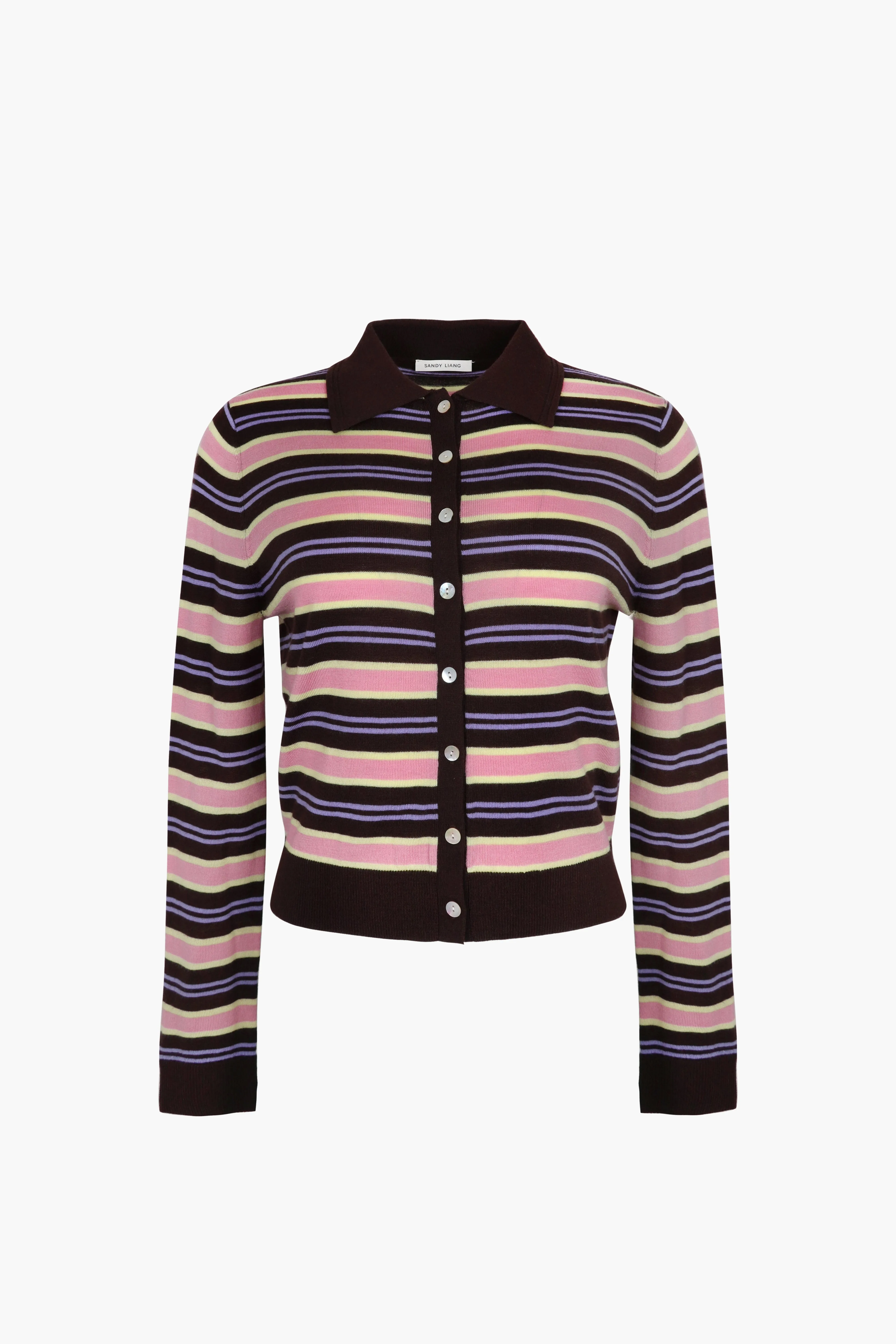 SUMMERS CARDIGAN IN BROWN STRIPE sold by Sandy Liang