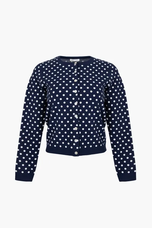 FABLE CARDIGAN IN NAVY WHITE POLKA DOT made by Sandy Liang