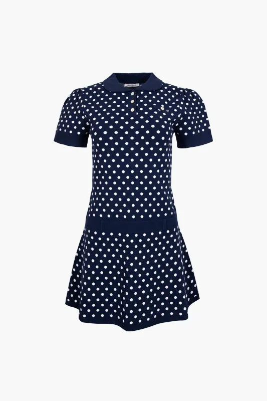 TUMI SWEATER DRESS IN NAVY WHITE POLKA DOT made by Sandy Liang