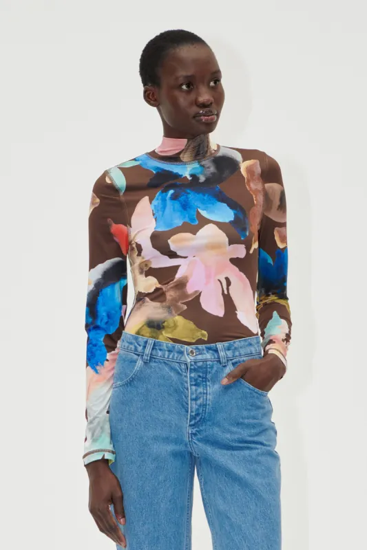 Elastic High Neck Collared Top - Aquarelle Garden made by STINE GOYA