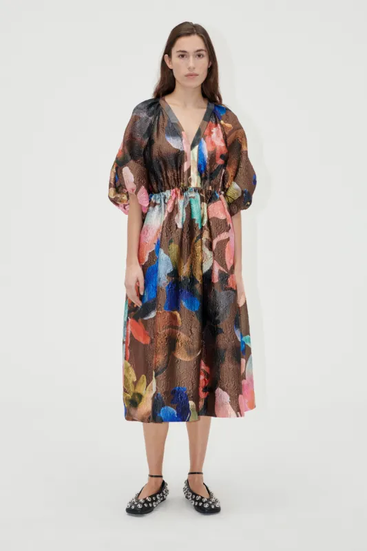 Three-Quarter Sleeve Elasticated Midi Dress - Aquarelle Garden sold by STINE GOYA