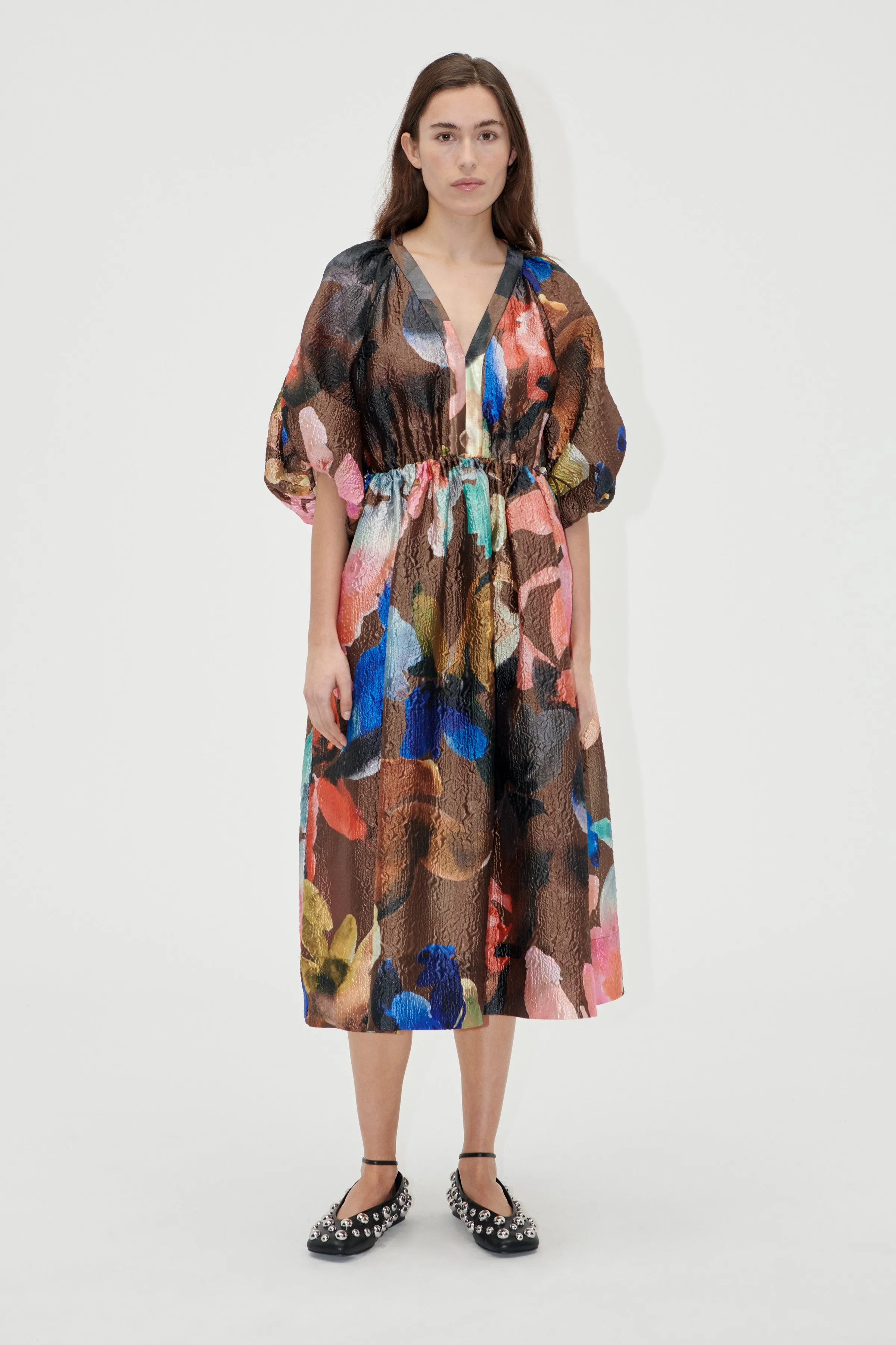 Three-Quarter Sleeve Elasticated Midi Dress - Aquarelle Garden sold by STINE GOYA