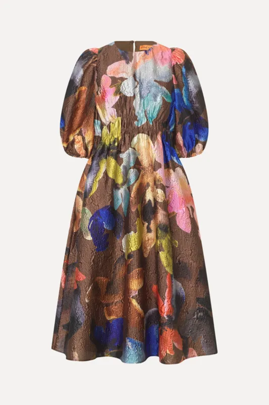 Gathered Waist Channel Midi Dress - Aquarelle Garden sold by STINE GOYA