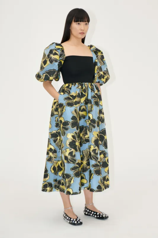 3/4 Sleeve Combo Bodice Midi Dress - Blue Anemone Jacquard sold by STINE GOYA