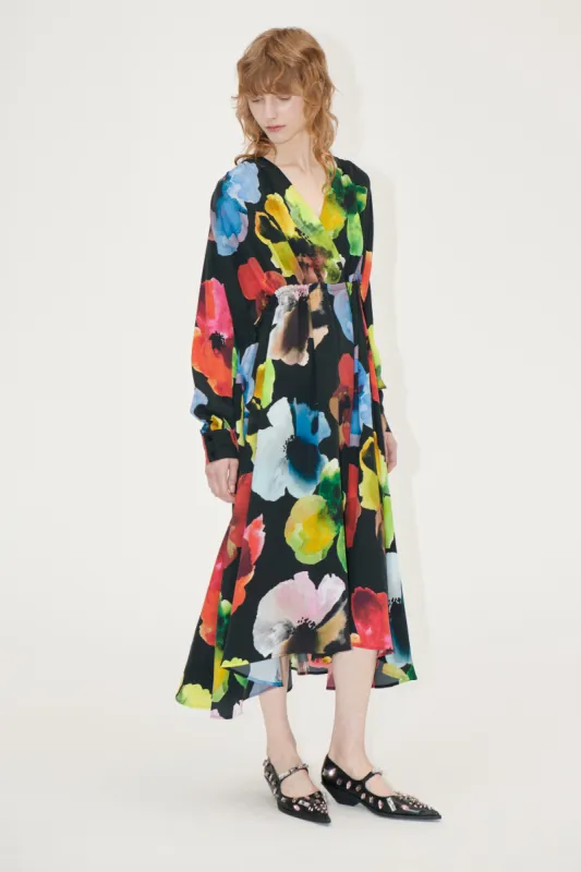 Voluminous V Neck Midi Dress - Watercolor Bloom sold by STINE GOYA