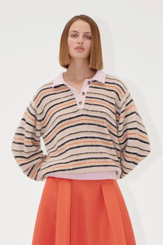 Long Sleeve Knit Polo - Alpaca Cream Stripes sold by STINE GOYA