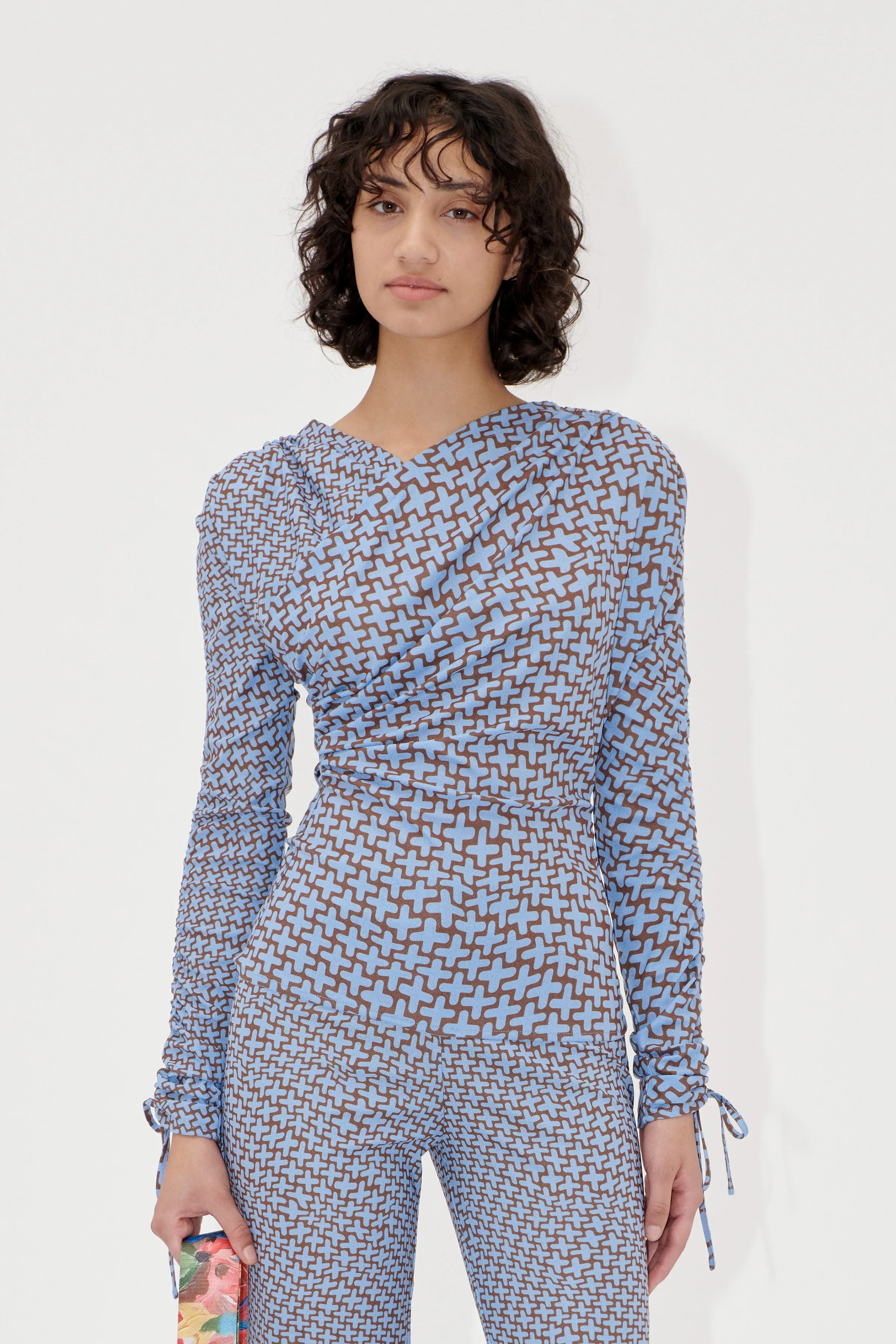 Wrap Front Gathered Sleeve Top - Graphic Weave sold by STINE GOYA