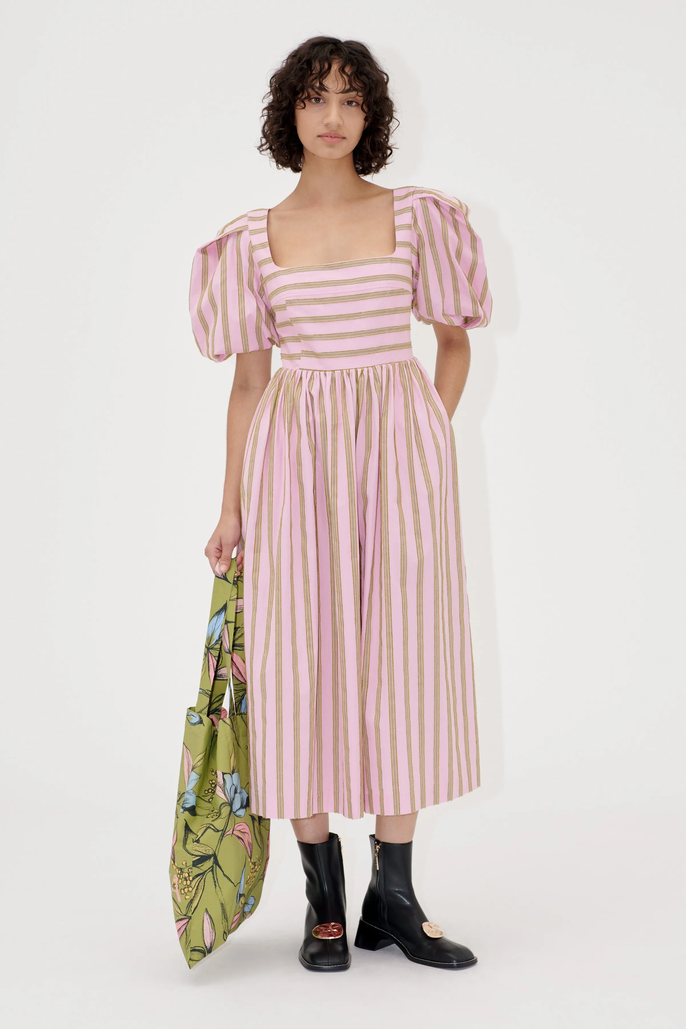 Blouson Sleeve Midi Dress - Wallpaper Stripes sold by STINE GOYA
