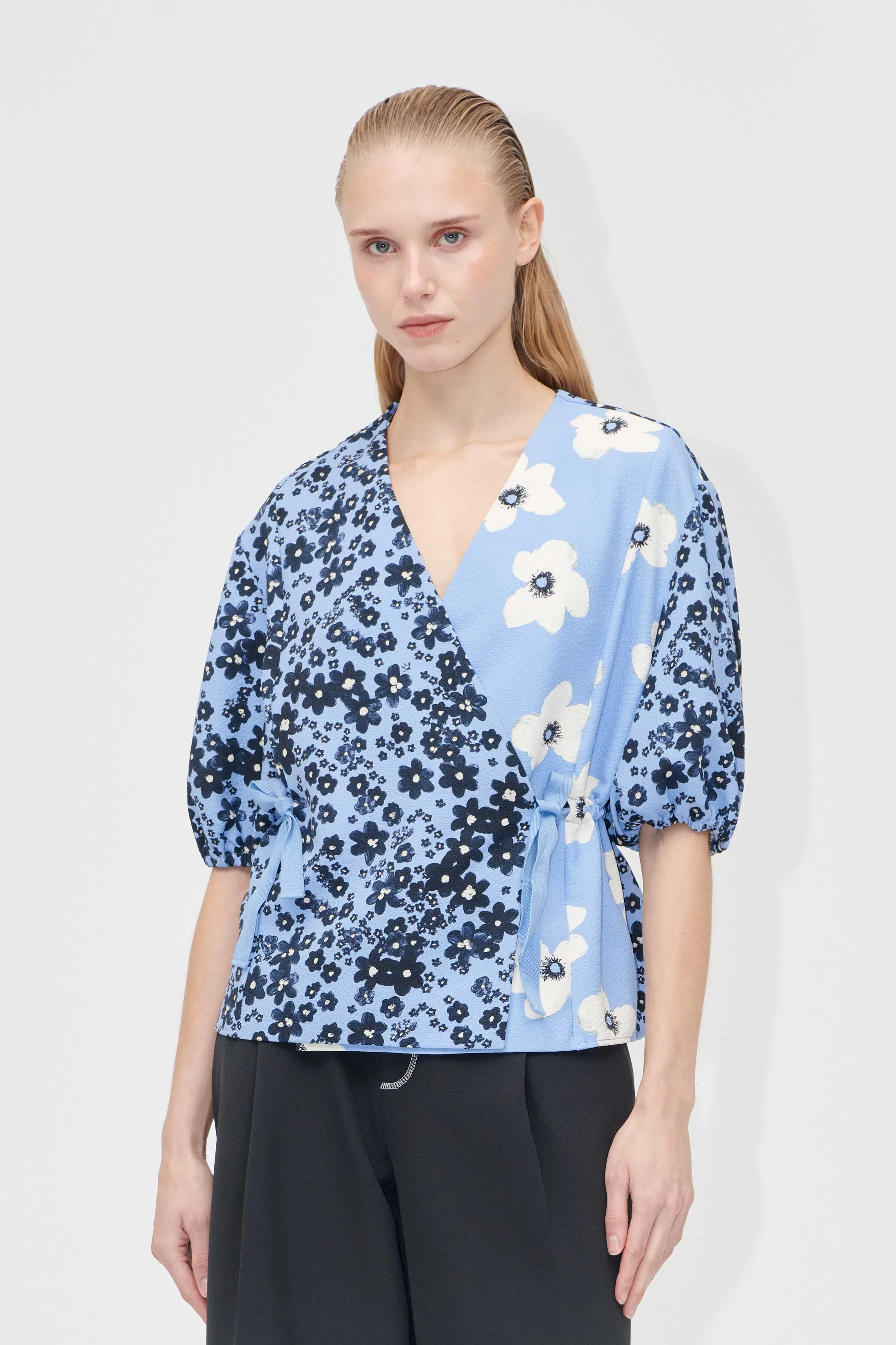 Gathered Tie Short Sleeve Top - Night Ditzy Floral / Day Ditzy Floral sold by STINE GOYA
