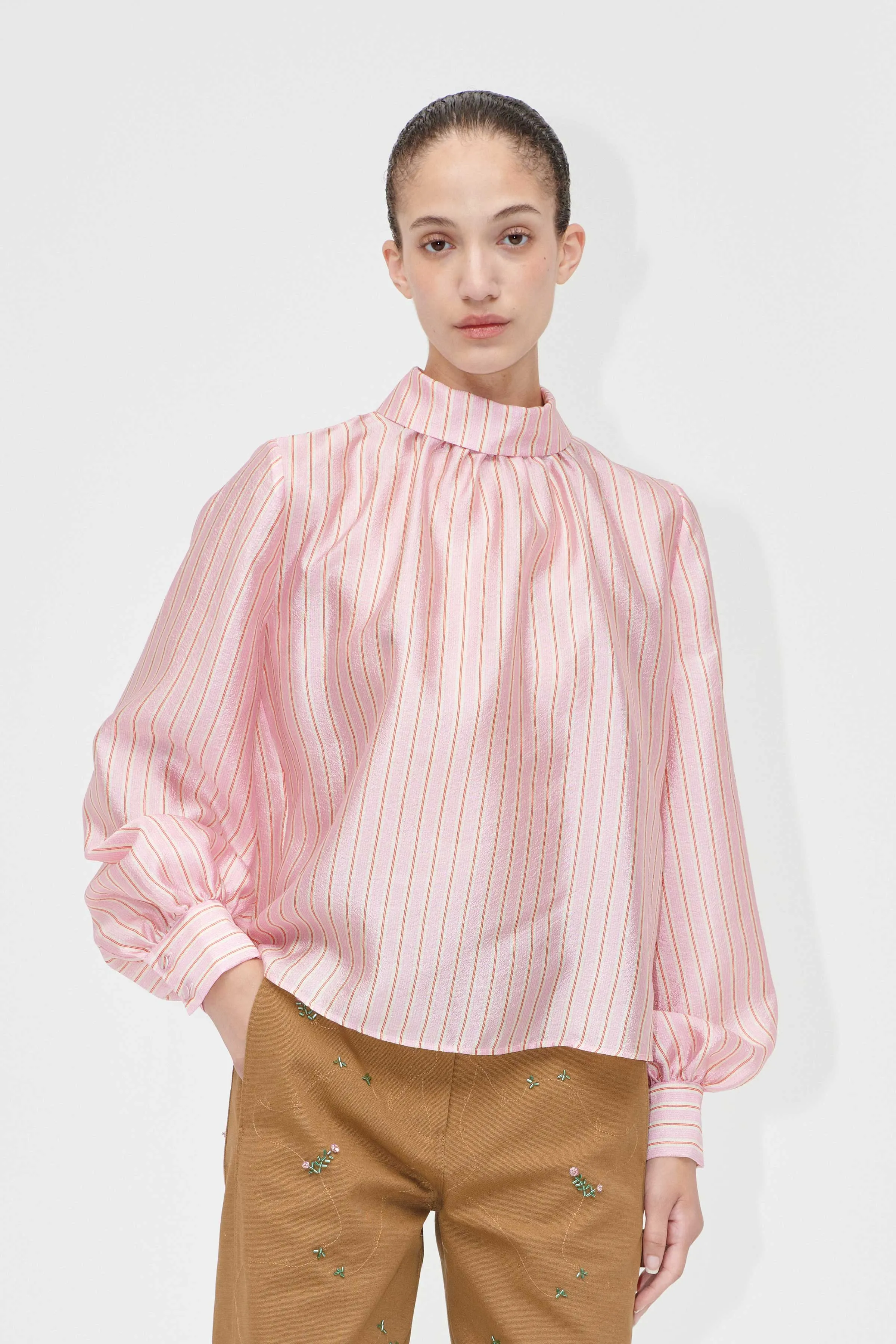 Gathered Long Sleeve Top - Rose Pinstripe sold by STINE GOYA