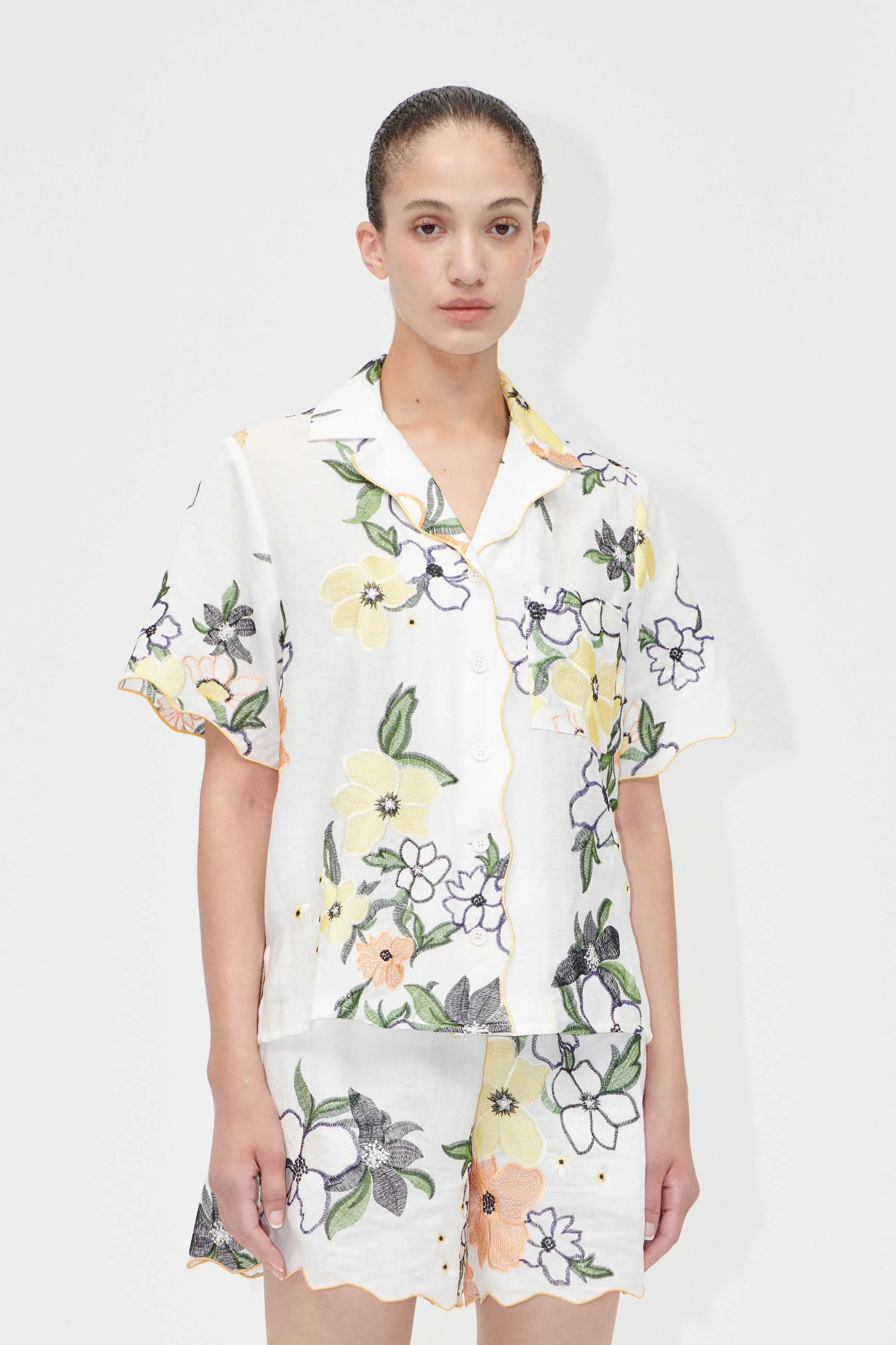 Scalloped Short Sleeve Shirt - Wild Flowers Embroidery sold by STINE GOYA