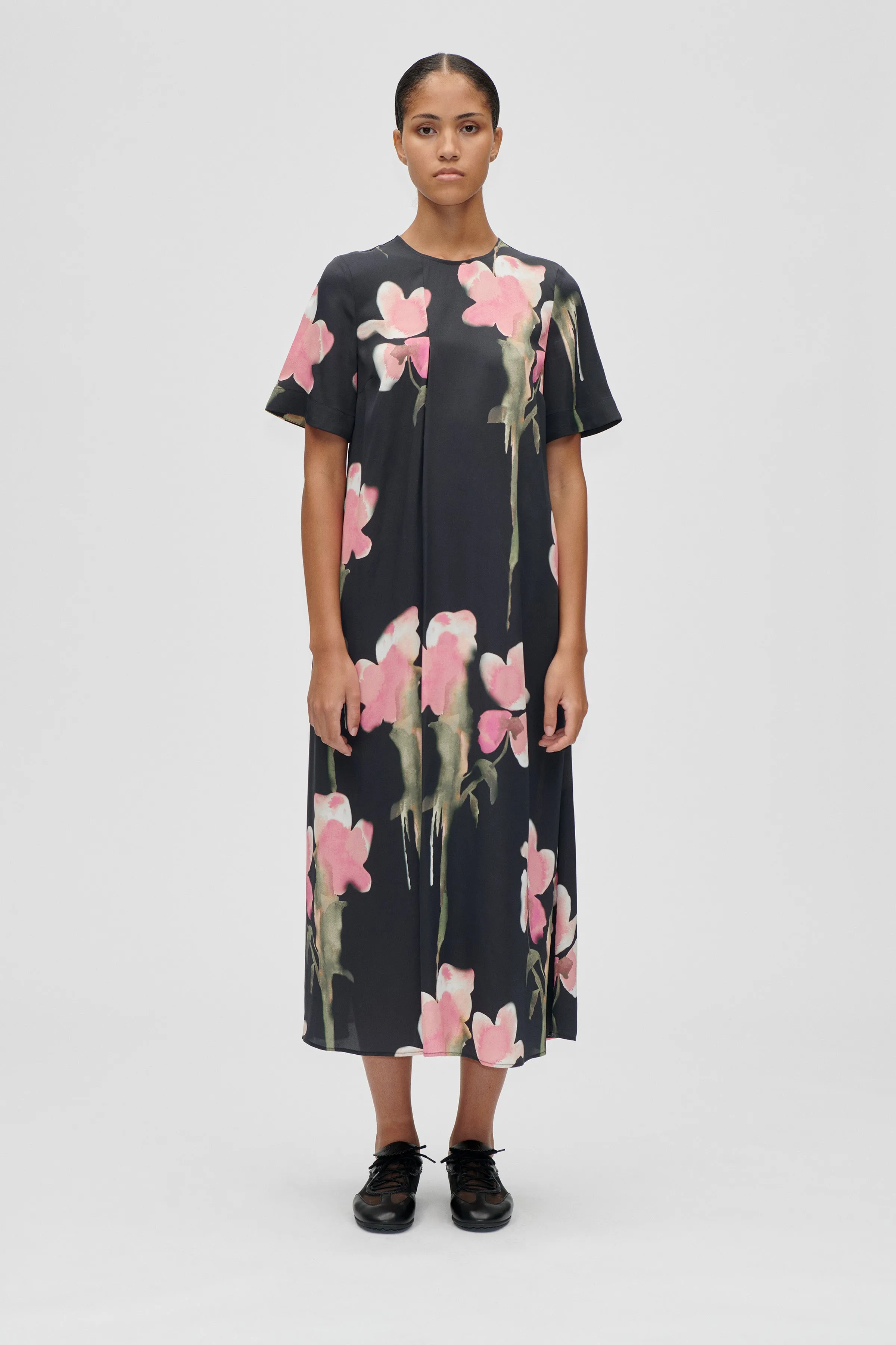 Flowy Short Sleeve Midi Dress - Melting Flowers sold by STINE GOYA