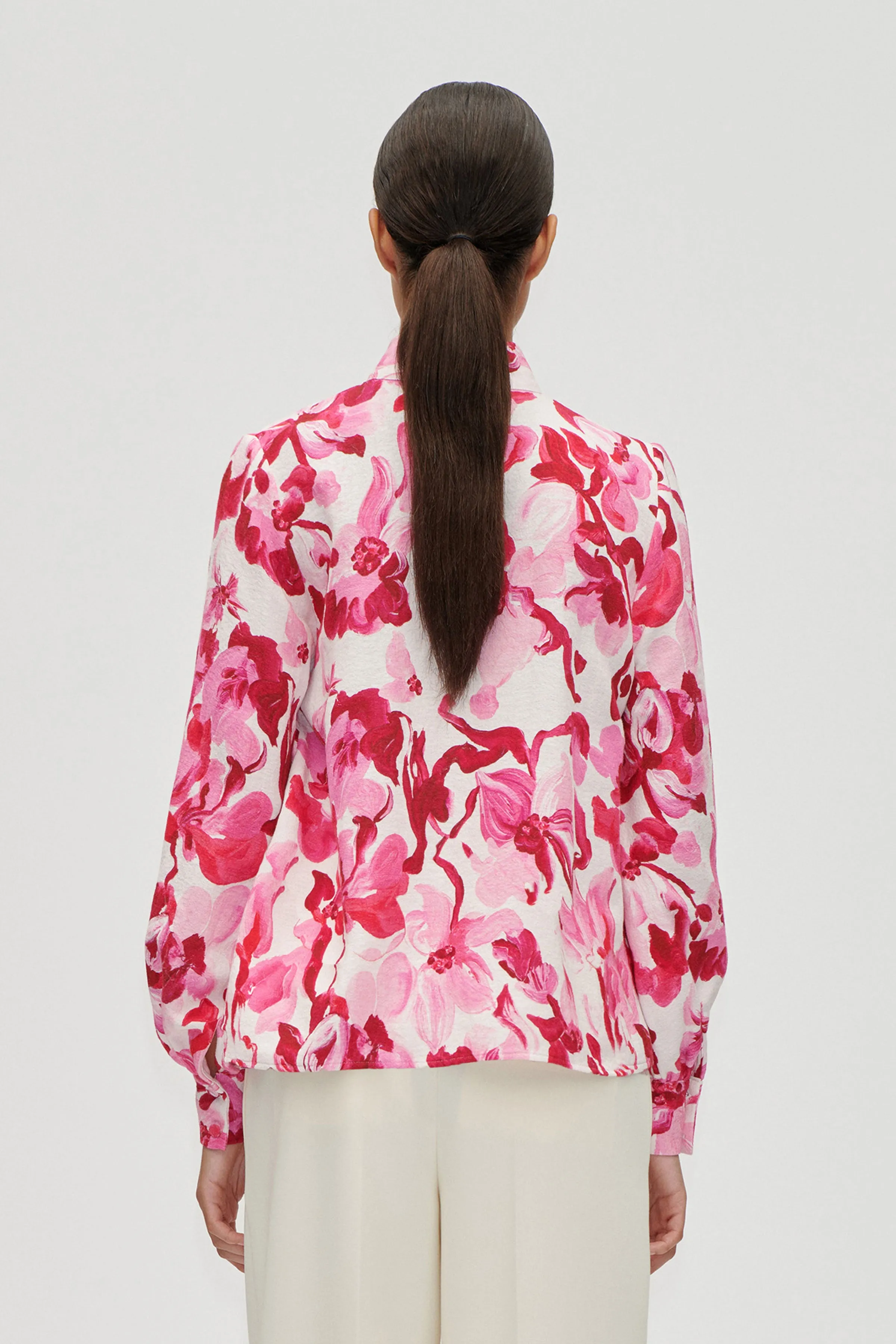 Gathered Highneck Long Sleeve Top - Brush Stroke Magnolias sold by STINE GOYA product image thumbnail 2