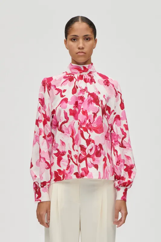 Gathered Highneck Long Sleeve Top - Brush Stroke Magnolias sold by STINE GOYA