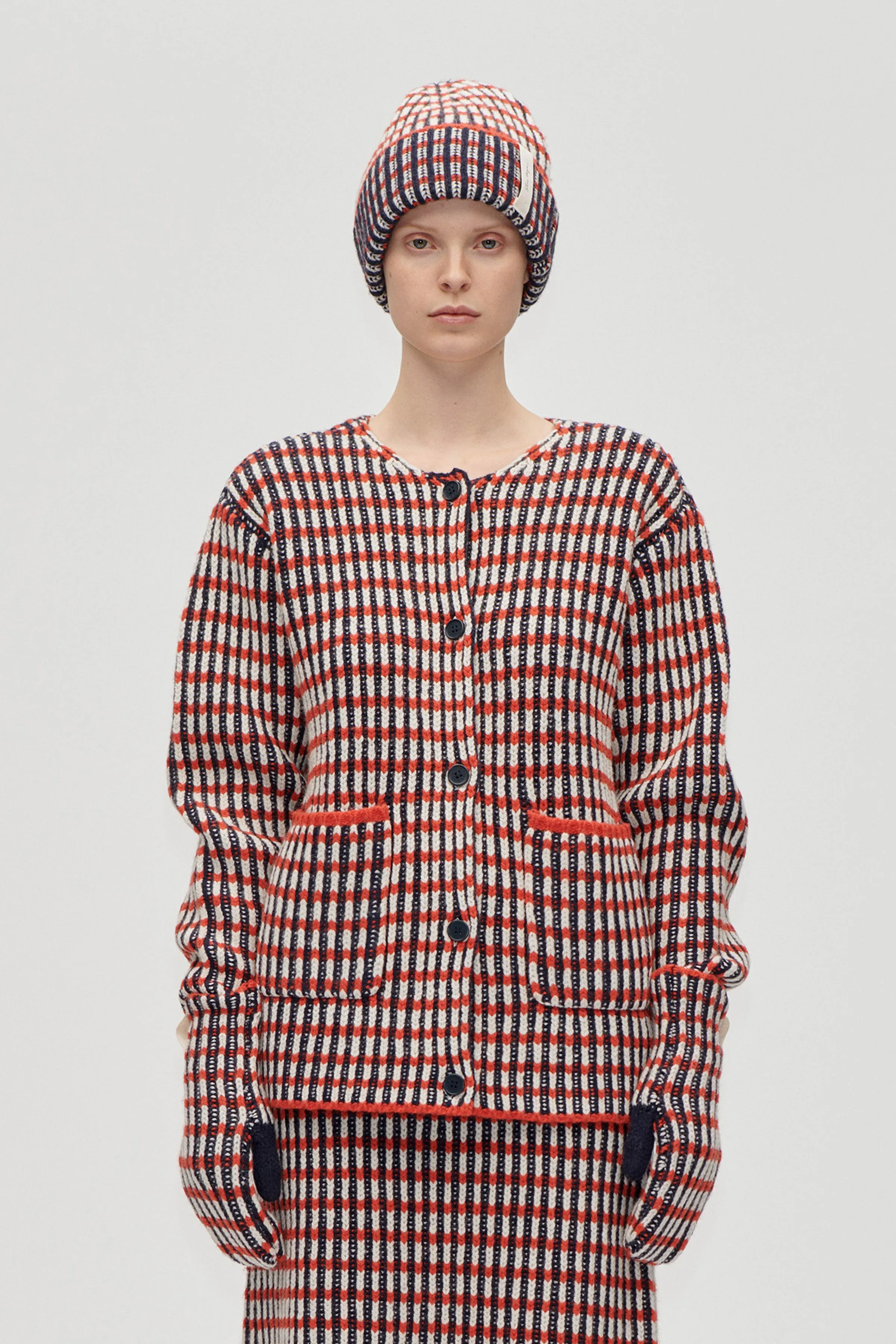 Plaited Cardigan with Pockets - Navy / Red / Cream sold by STINE GOYA