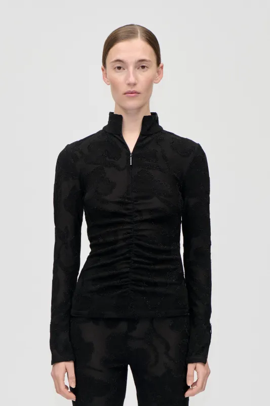 Gathered Long Sleeve High Neck Collar Top - Black Petunias sold by STINE GOYA