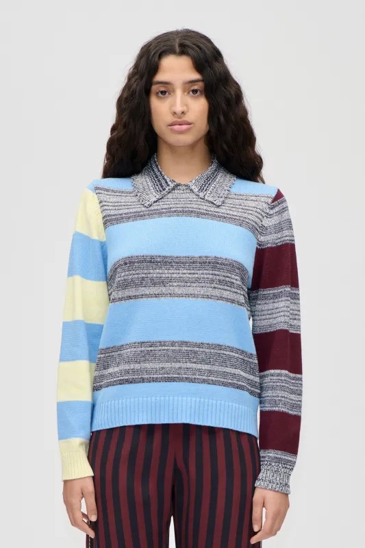 Mix Stripe Polo Collar Sweater - Multistripes Blue Mix sold by STINE GOYA