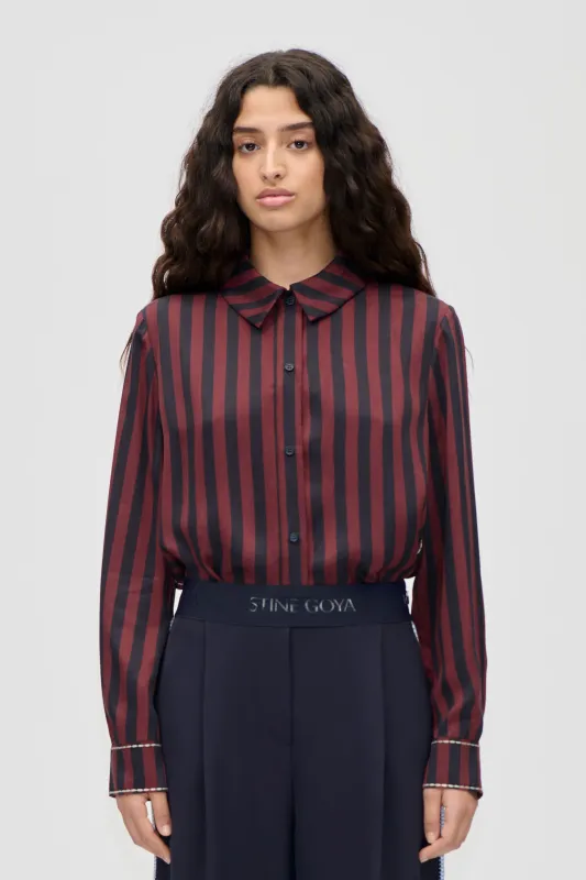 Long Sleeve Shirt - Navy and Burgundy Wallpaper Stripes made by STINE GOYA