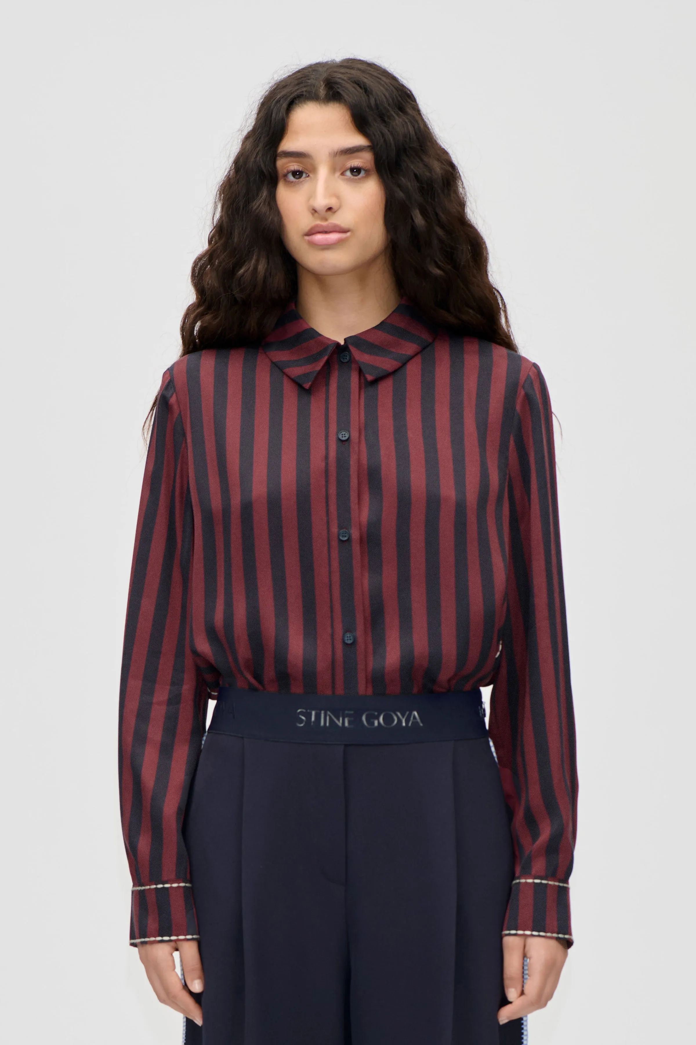 Long Sleeve Shirt - Navy and Burgundy Wallpaper Stripes sold by STINE GOYA