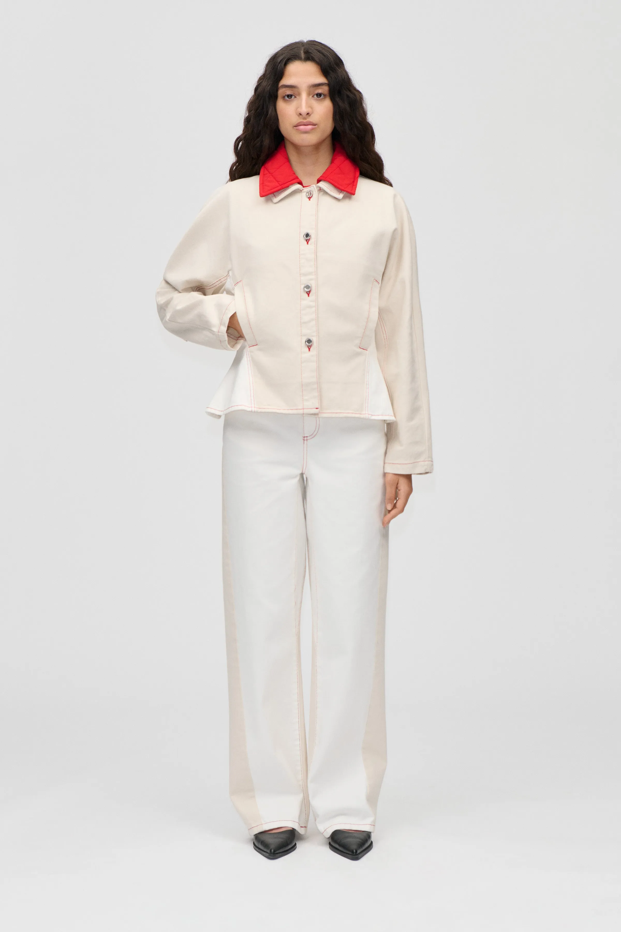 Twist Knee Seam Denim Pants - Natural / Contrast Red sold by STINE GOYA