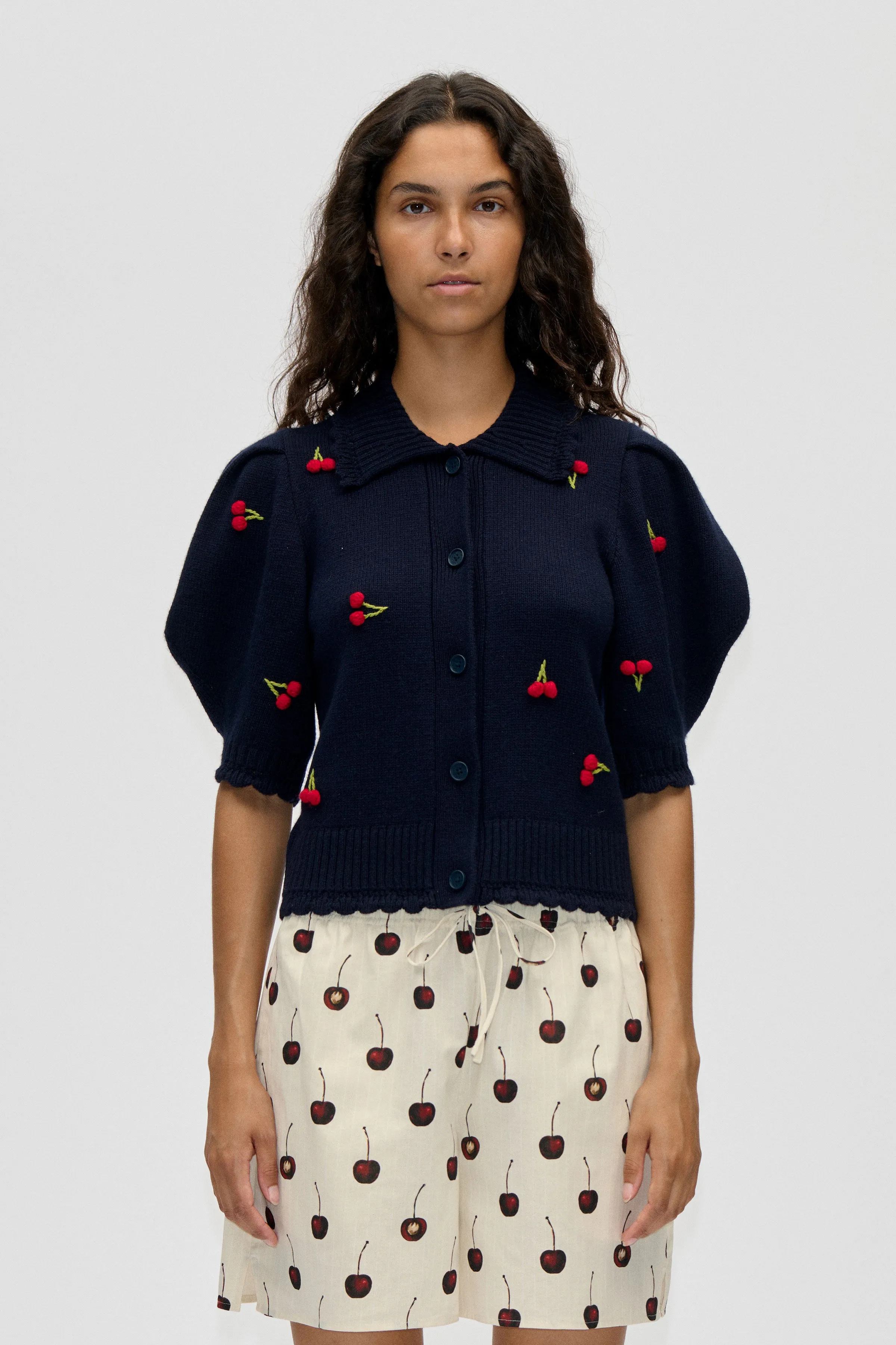 Bobble Knit Polo Cardigan - Cherries Bobble sold by STINE GOYA