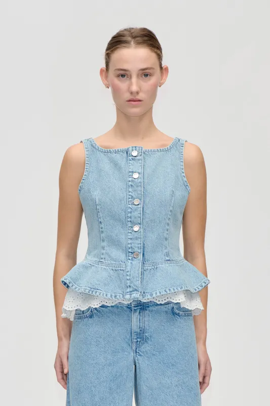 Boatneck Frill Buttoned Top - Denim Blue made by STINE GOYA