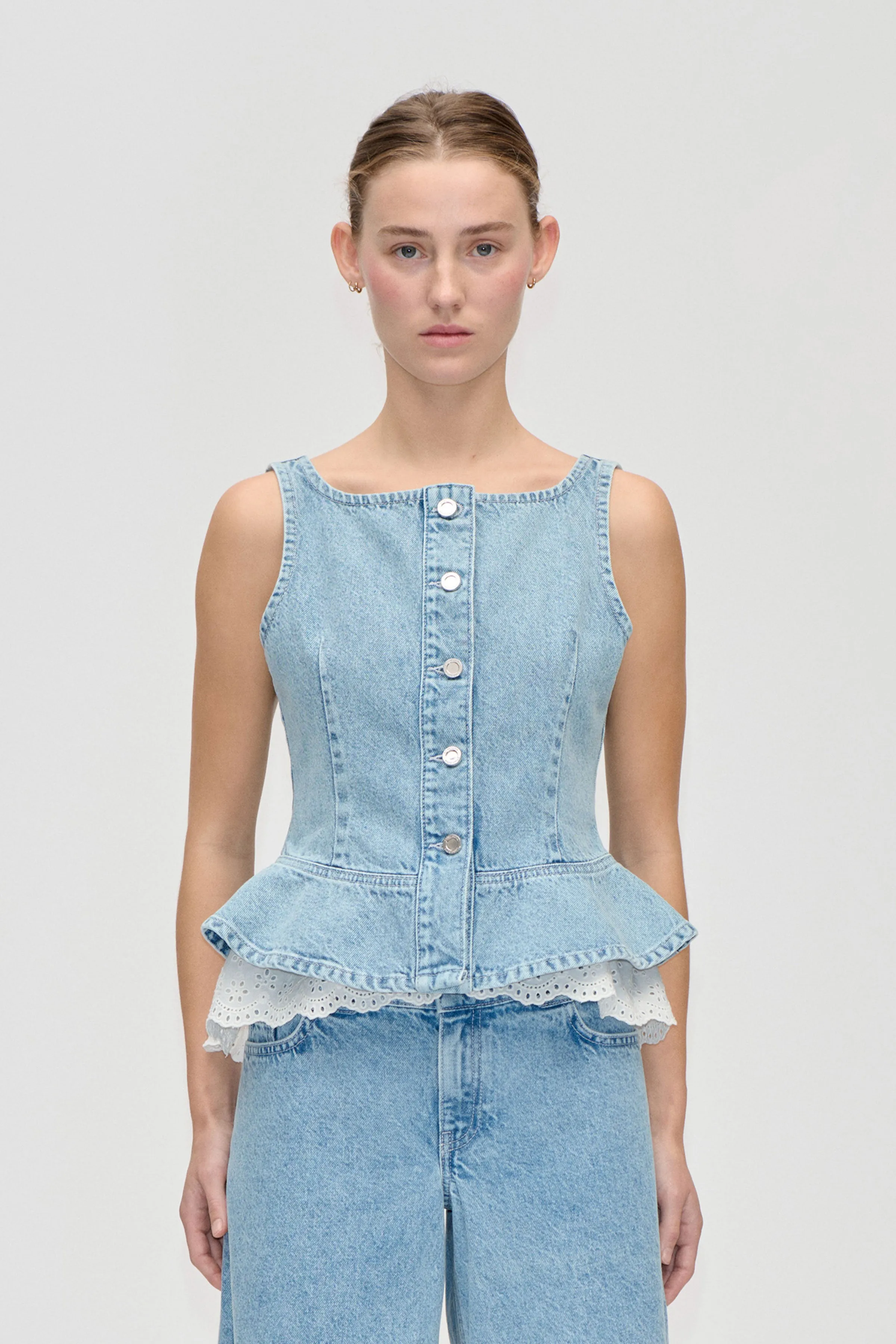 Boatneck Frill Buttoned Top - Denim Blue sold by STINE GOYA