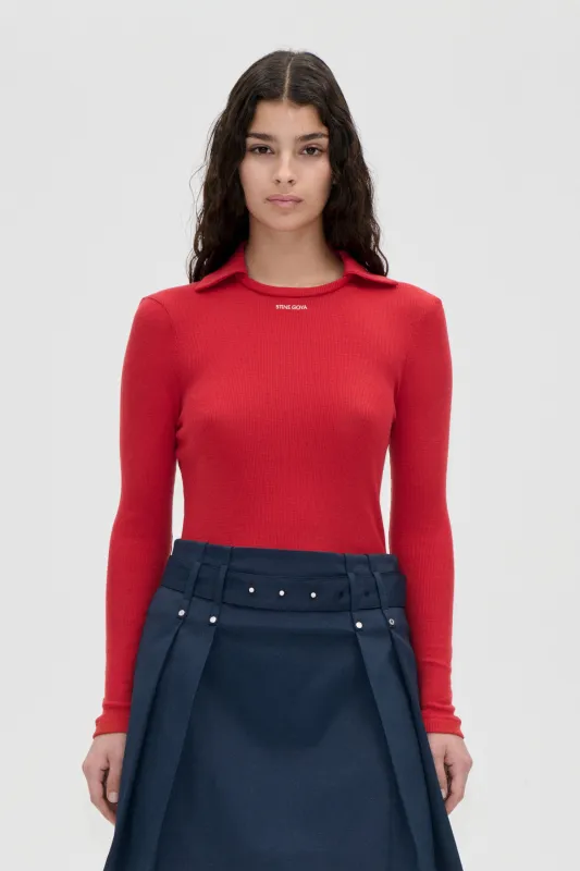 Long Sleeve Polo Top - Fiery Red made by STINE GOYA