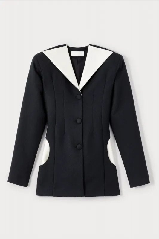 BLACK & ECRU Crepe Jacket with Wide Lapels and Button Detail sold by DESTREE