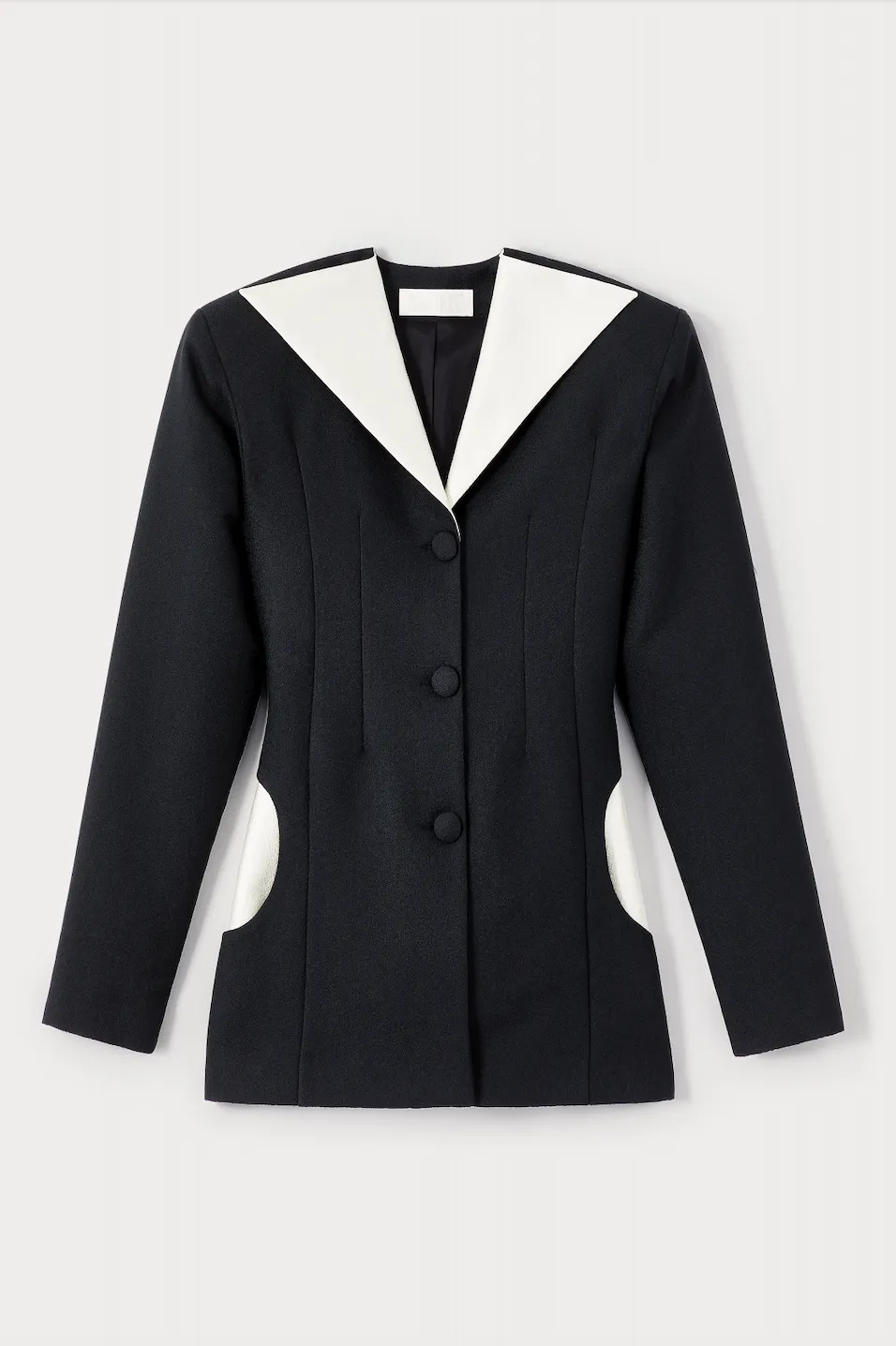 BLACK & ECRU Crepe Jacket with Wide Lapels and Button Detail sold by DESTREE
