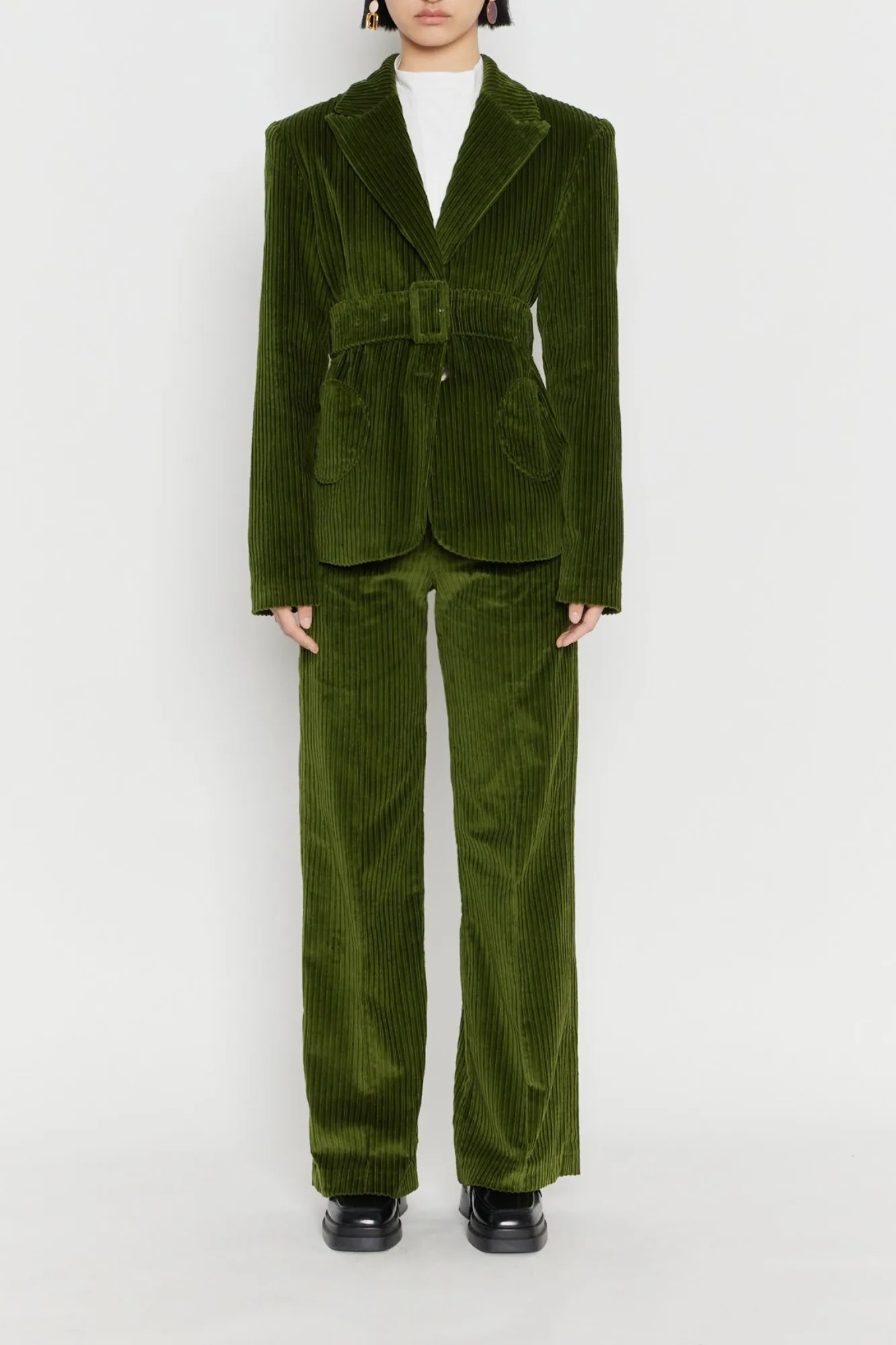Khaki corduroy flared pants sold by DESTREE